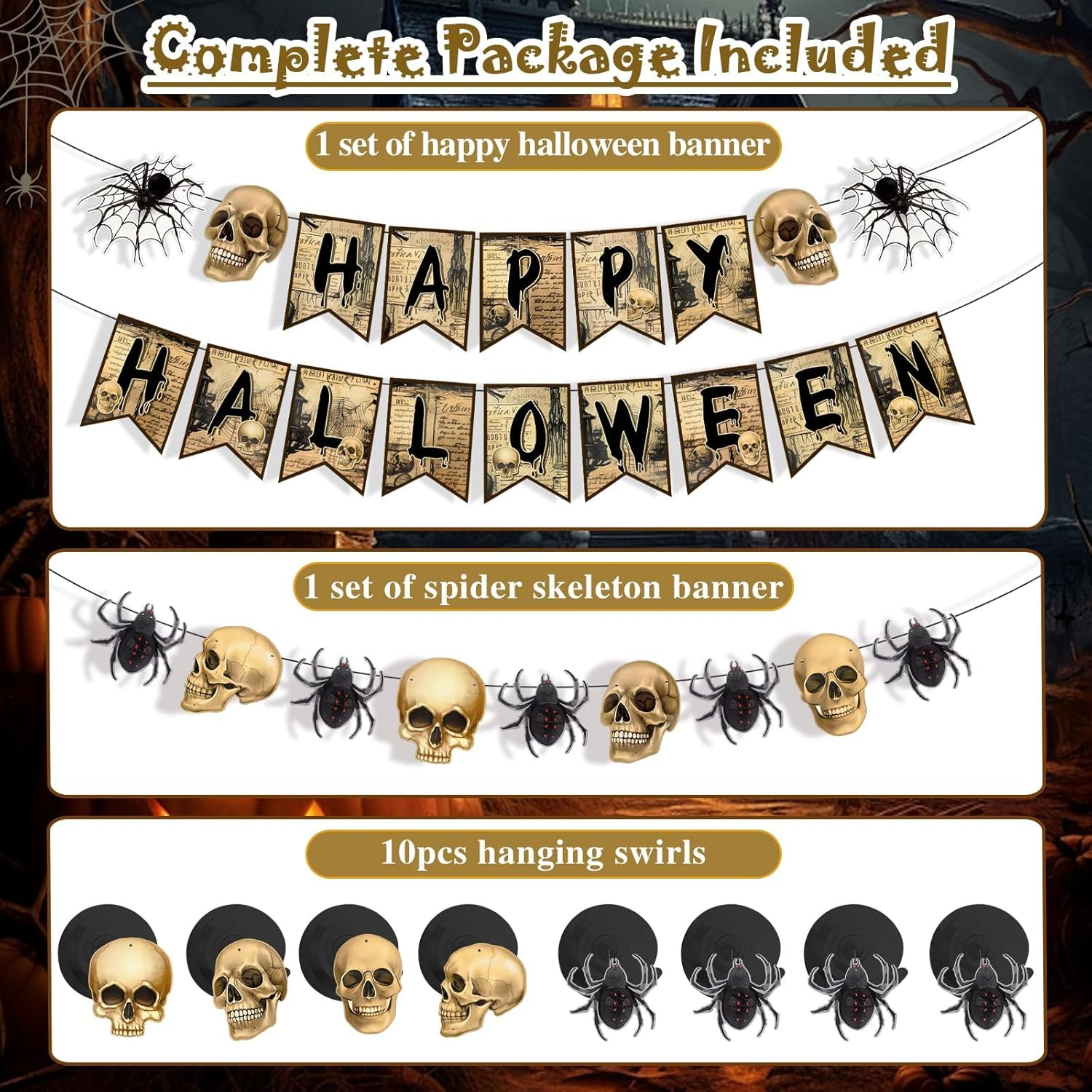 Happy Halloween Banners, Skeleton & Spider Party Supplies, 8Pcs Swirls Indoor Decor, Brown image number 5