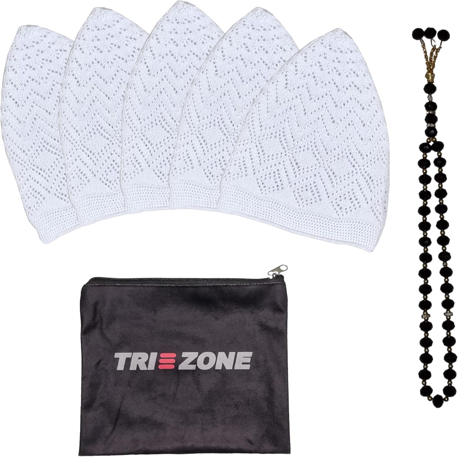 TRI ZONE Kufi Hats for Men, Muslim Prayer Cap, Breathable Taqiyah, Knitting Namaz Topi, Skull Kufe Hat, Islamic Ramadan Eid Gift, Set of 5 Caps with Tasbih