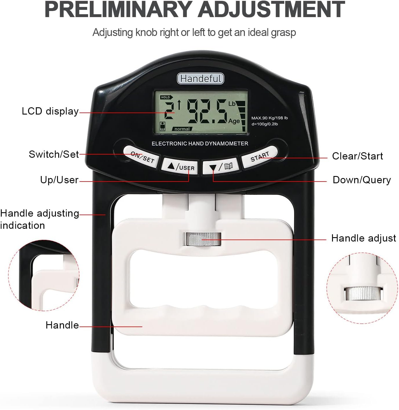 Hand Dynamometer Grip Strength Trainer Electronic Hand Grip Strength Tester Grip Strengthener Hand Exerciser Meter Digital Hand Grip Training Gauge for Sport Home School Use - Black-90Kg image number 2