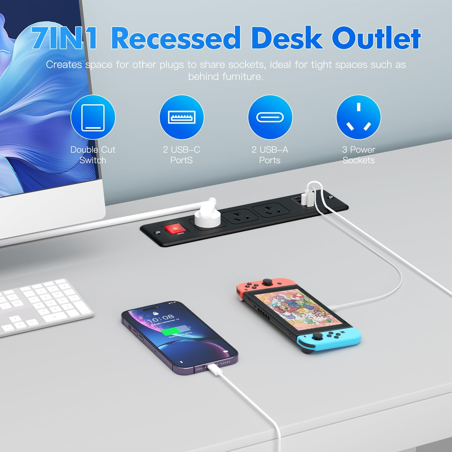 BOCHLION Recessed Power Strip with 3 Outlets 4 USB Ports, Slim Space Saving Embedded Socket for Home, Office and Hotel Use, 6 Ft Extension Cord (Black) - White image number 4