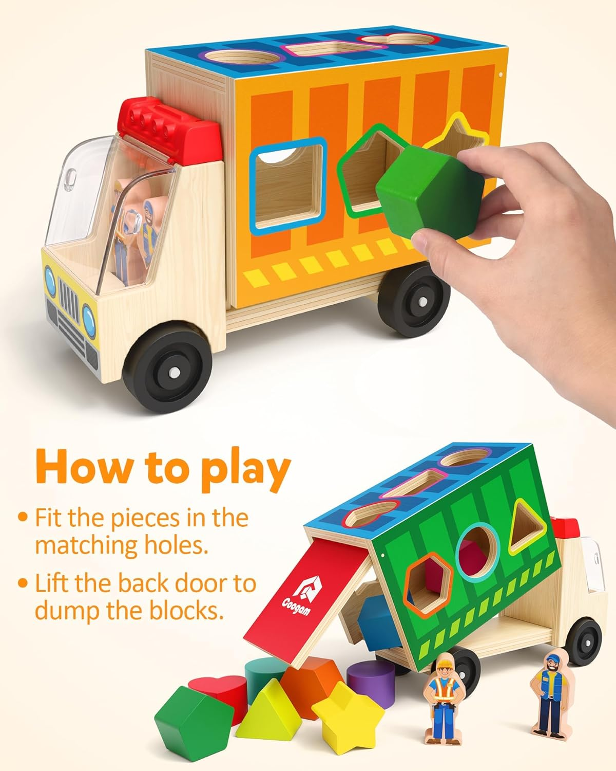 Coogam Wooden Truck Shape Sorting Toy, Color Shape Matching Game with 2 Play Figures, Baby Toddler Fine Motor Learning for 2 3 4 Year Old image number 2