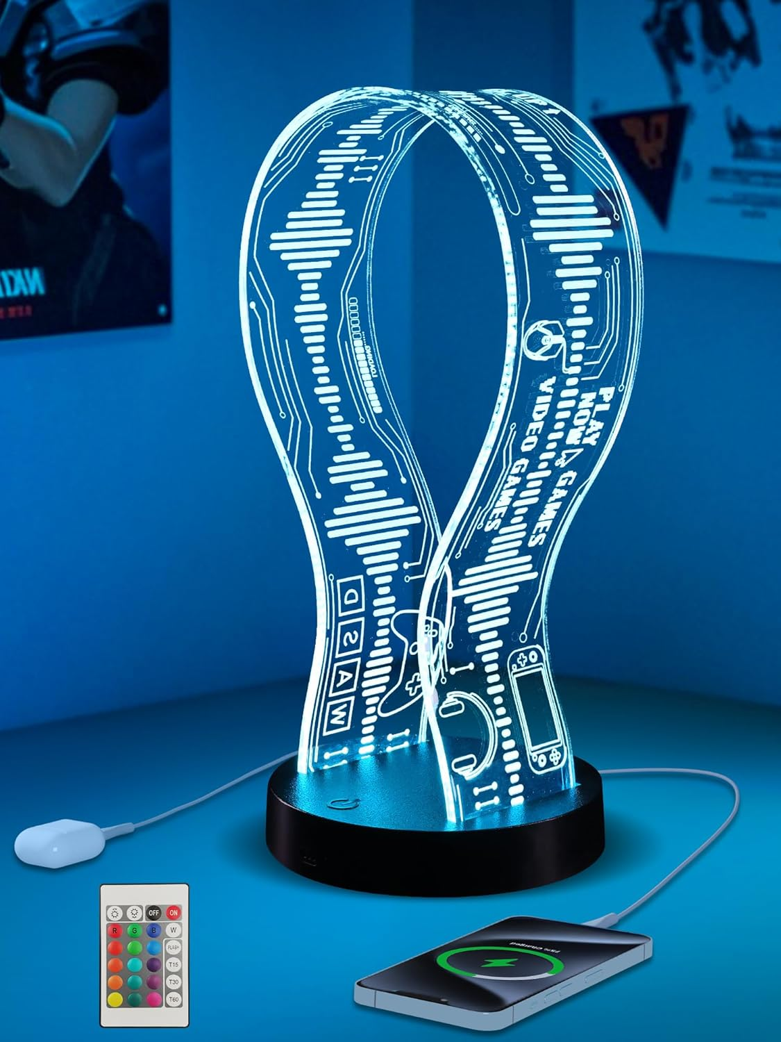 Light up Headphone Stand with 16 Color Lights, PCB Pattern Acrylic Headset Stand with 1 USB and 1 Type-C Charging Ports, Gifts for Gamers Men and Music Lovers