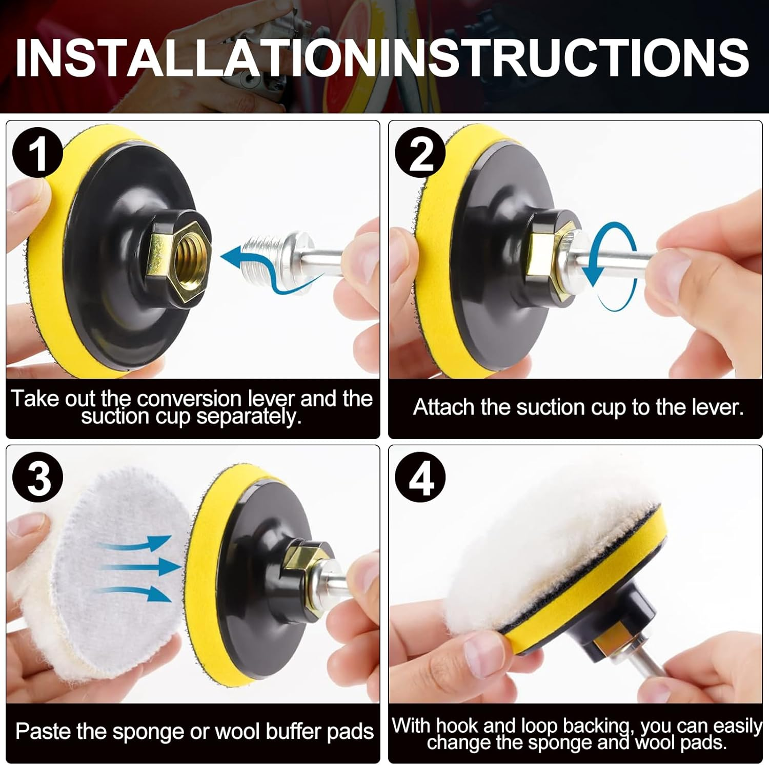 3 Inch Car Foam Drill Polishing Pad, Kits of 24 Pcs, Car Sponge Buffing Pads, Woolen Buffer Pads, Suction Cup with Drill Adapter for Car Polishing Waxing Sealing Glaze image number 4