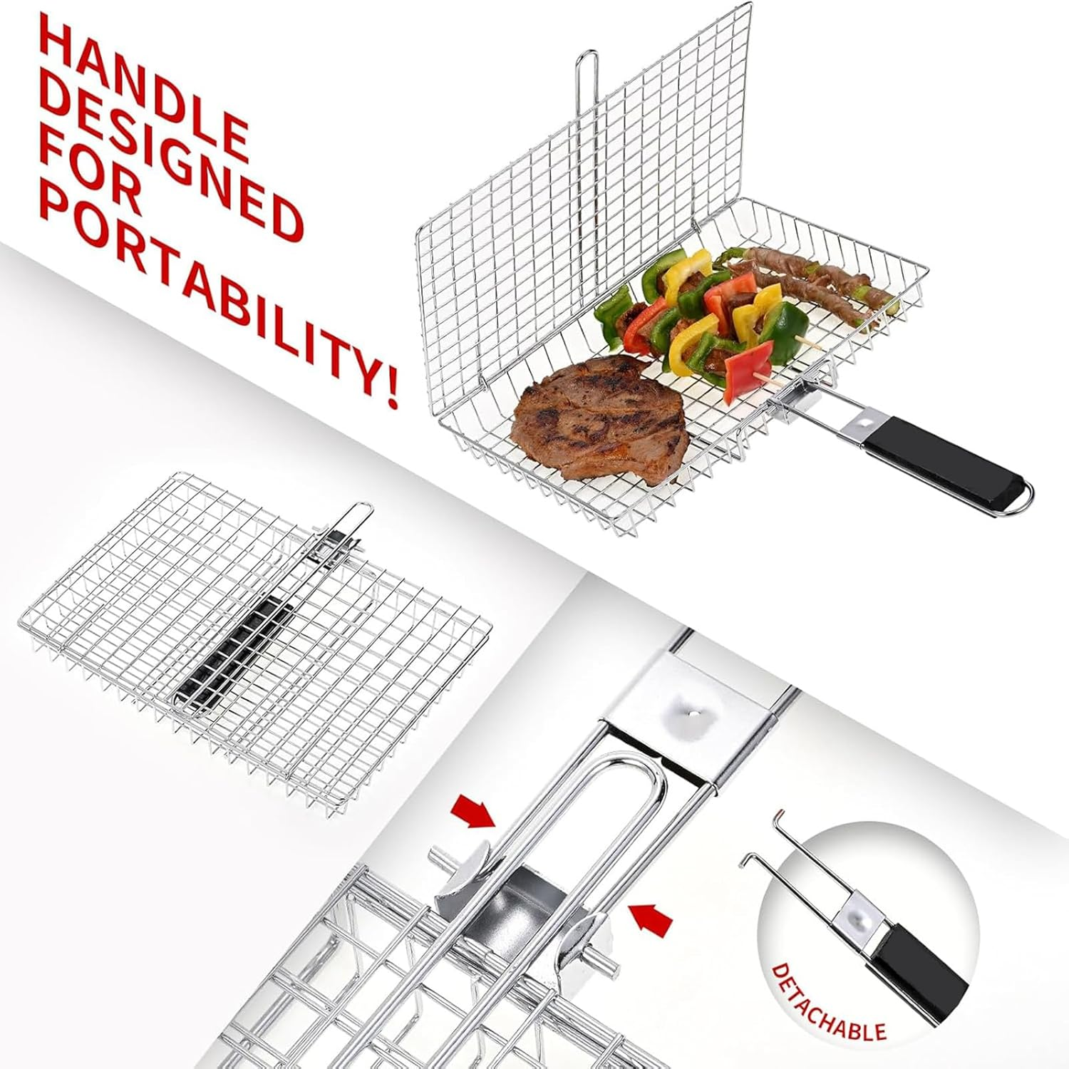 CHONYI Grill Basket Extra Large,Barbecue Accessories,Stainless Steel BBQ Grill Basket Portable Camping Grilling Rack with Removable Handle for Fish,Vegetables,Grilling Gifts for Men, Dad (32*23*4CM) image number 1