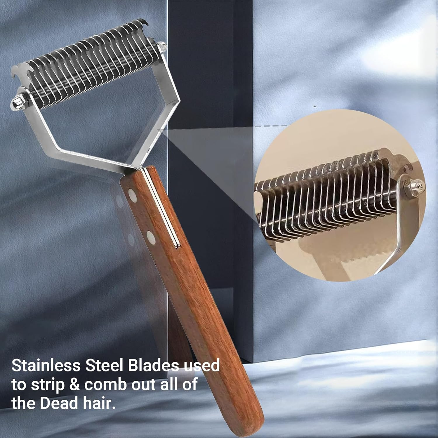 Double Sided Dog Deshedding Brush Extra Large Dematting Tool Undercoat Rake Stainless Steel Teeth, Wood Handle for Long Haired Dogs Cats German Shepherds Huskies Gentle on Skin image number 3