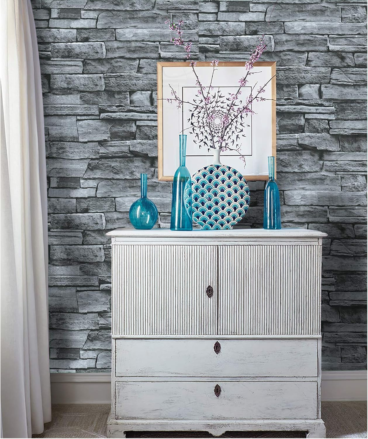 Vinyl Peel and Stick Wallpaper Brick Grey Vintage Stone Wallpaper Self Adhesive Wall 3D Contact Paper for Bedroom Livingroom Walls Decoration 45Cm X 300Cm image number 1