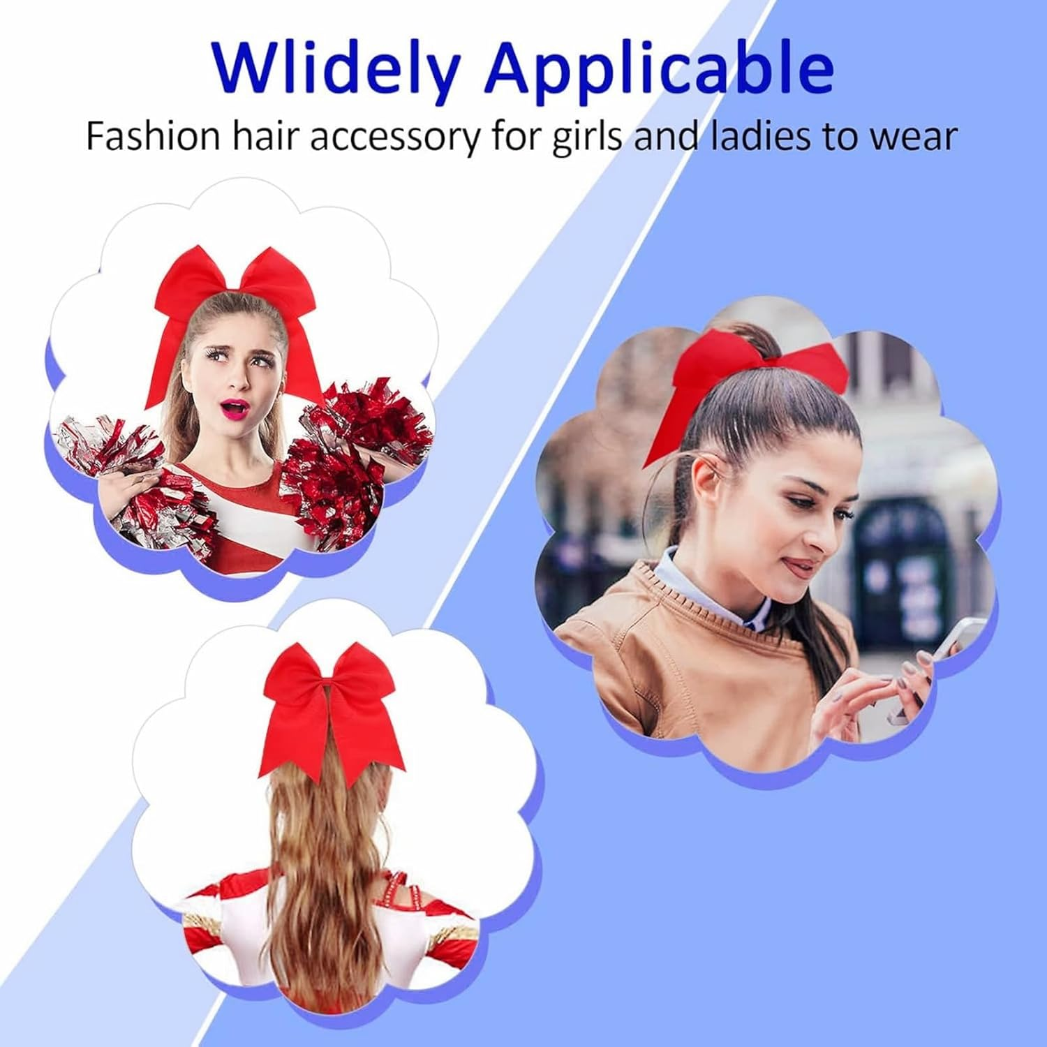Hair Bow Duo for Women - Large 8 Inch Lacrosse Bows in Red for Cheerleaders with Comfortable Rubber Clip - Perfect for Festivals, Photo Shoots & Everyday Use image number 6