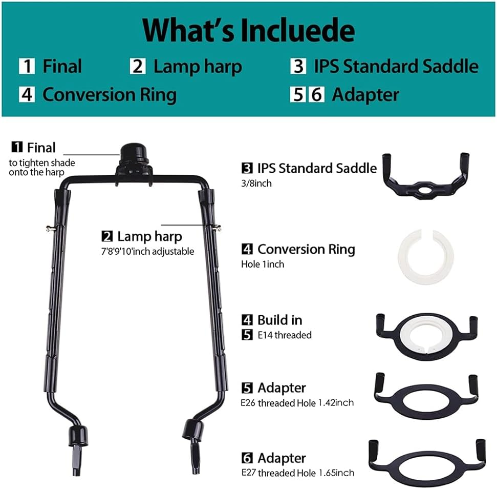 Shusmda 2Piece Lamp Shade Harp Holder 7Inch E14,E26,E27 Light Base Adapter Black Horn Frame Lampshade Bracket
