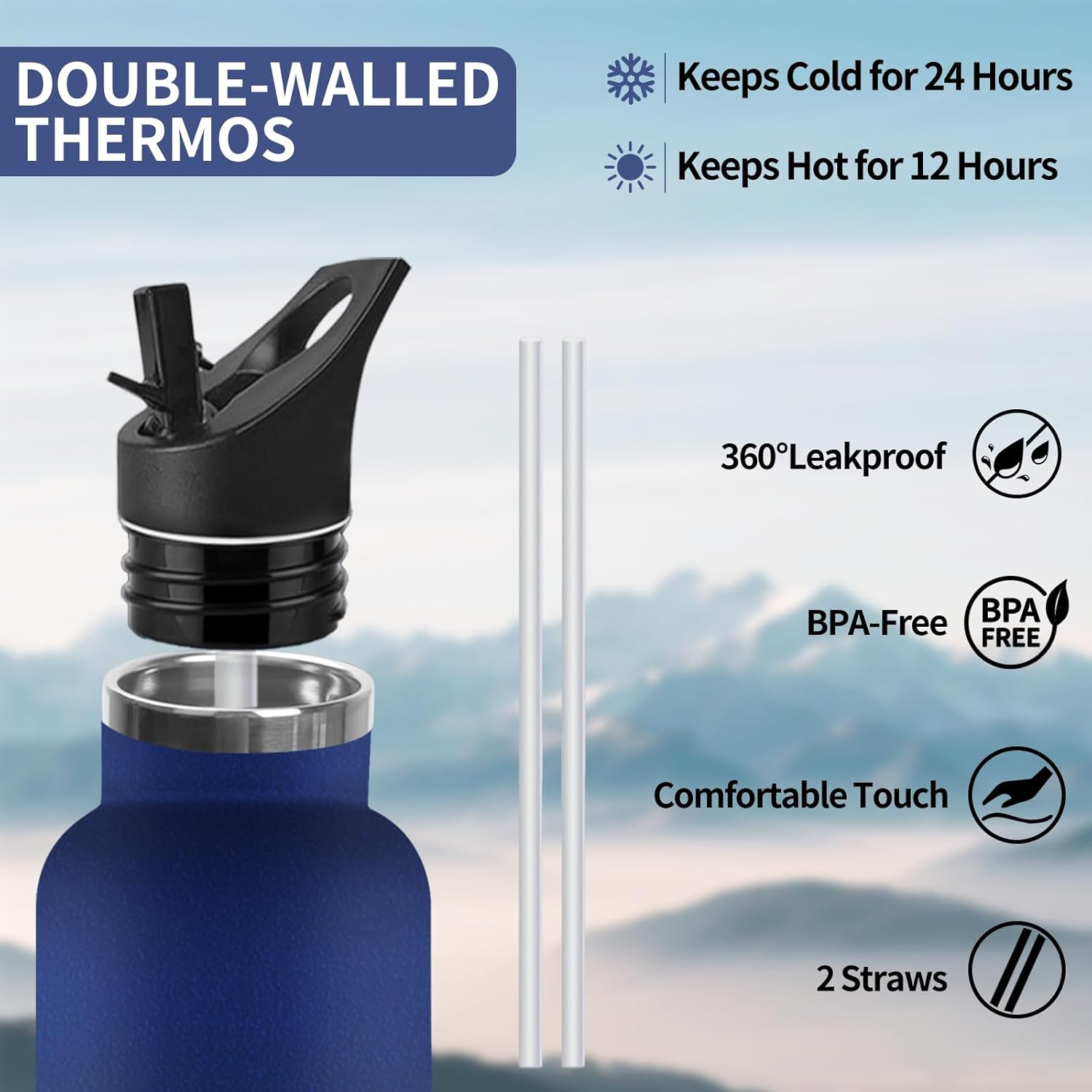 Honeyholly Stainless Steel Water Bottle 1 Litre, BPA Free Thermo Bottle, Thermal Water Bottle, Double Wall Vacuum Insulation, Cold Water Thermos, Thermal Canteen for Adults, Sport, Office image number 2