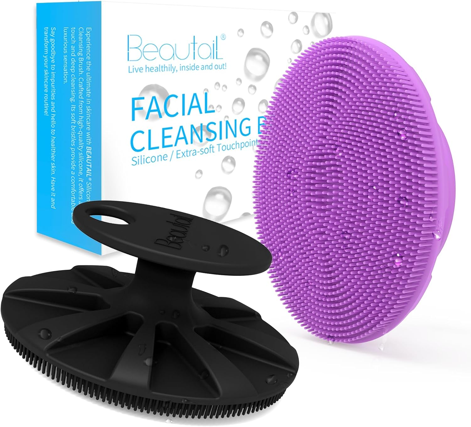 BEAUTAIL Silicone Face Scrubber 2 Pack, Manual Facial Cleansing Brush, Gentle Face Exfoliator for Sensitive Skin, Skin Care Exfoliating Face Brush for Men and Women, Black+Purple image number 5