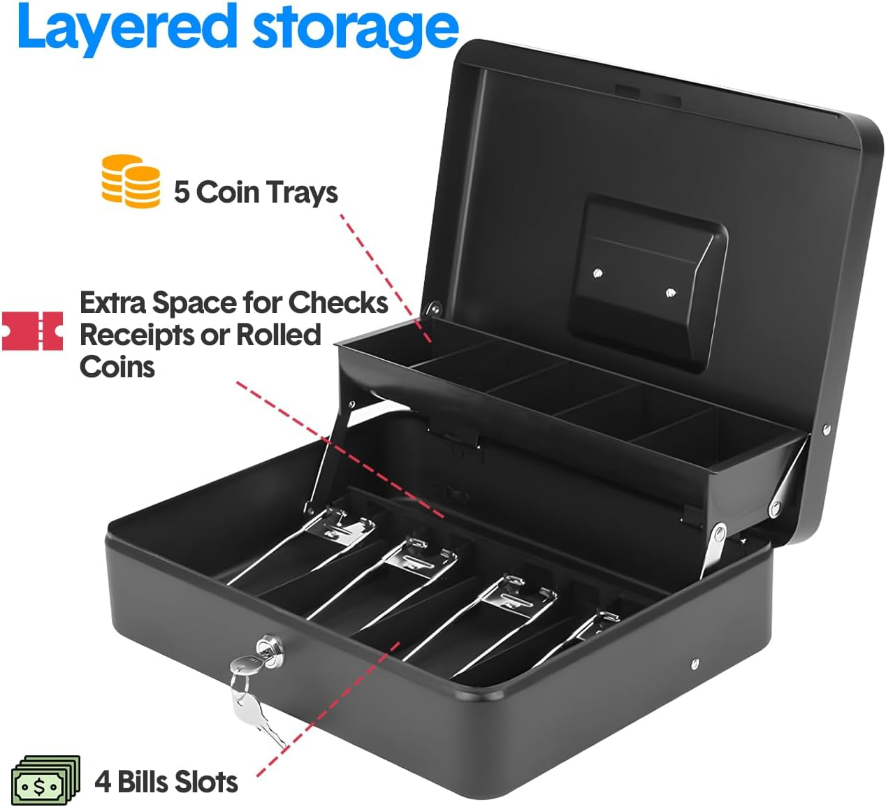 Aumerage Metal Cash Box with Security Lock & 2 Keys - 4 Bill/5 Coin Tray Storage, Large Lockable Money Box for Small Business/Home (Black) image number 4