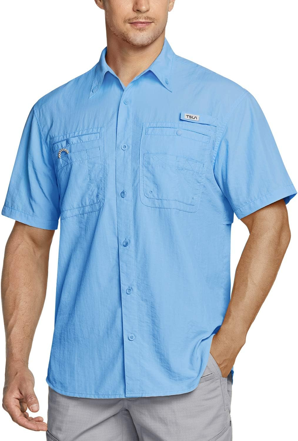 TSLA Men'S Performance Fishing Shirt, UPF 50+ Breathable Button down Shirts, Outdoor Recreation Short Sleeve Shirt