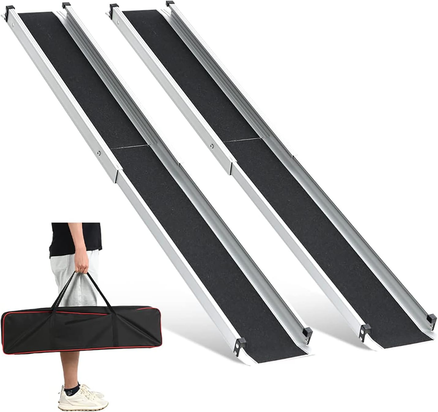 2PCS Telescopic Wheelchair Ramp 98.5-183Cm, Gardhom Adjustable Portable Aluminum Non-Slip Telescopic Ramp with 272KG Store Capacity for Stairs Obstacles House Steps in Textile Bag