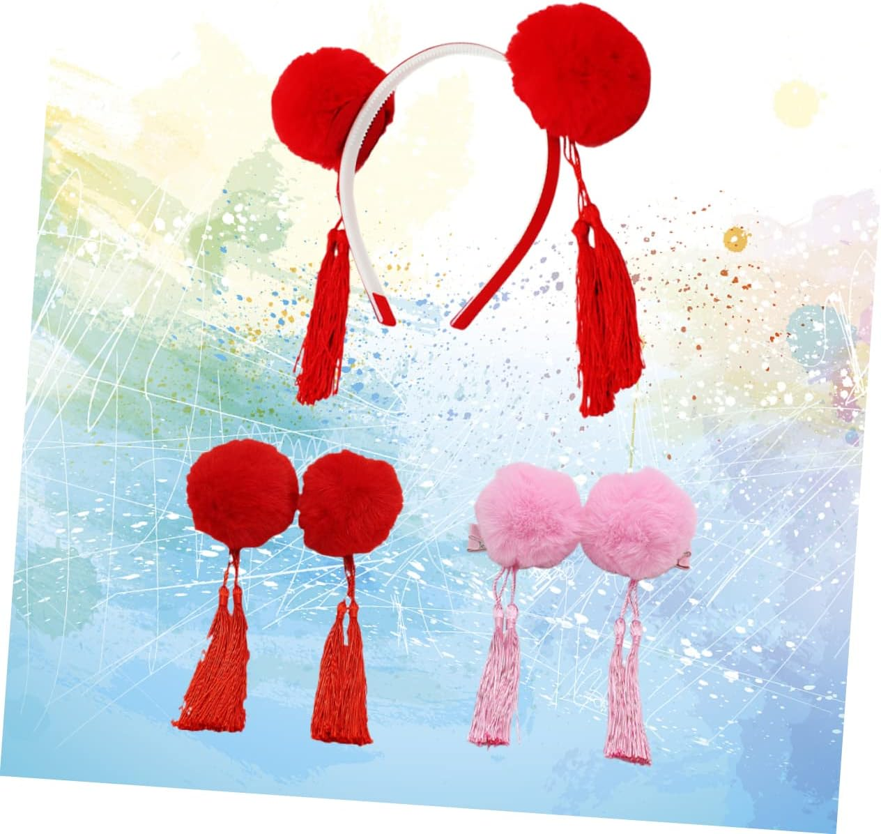 Beavorty Tassel Headband Hair Clips Hair Accessories 3Pcs Chinese Style Festive Spring Festival New Year Set for Children Photo Props Headwear image number 2