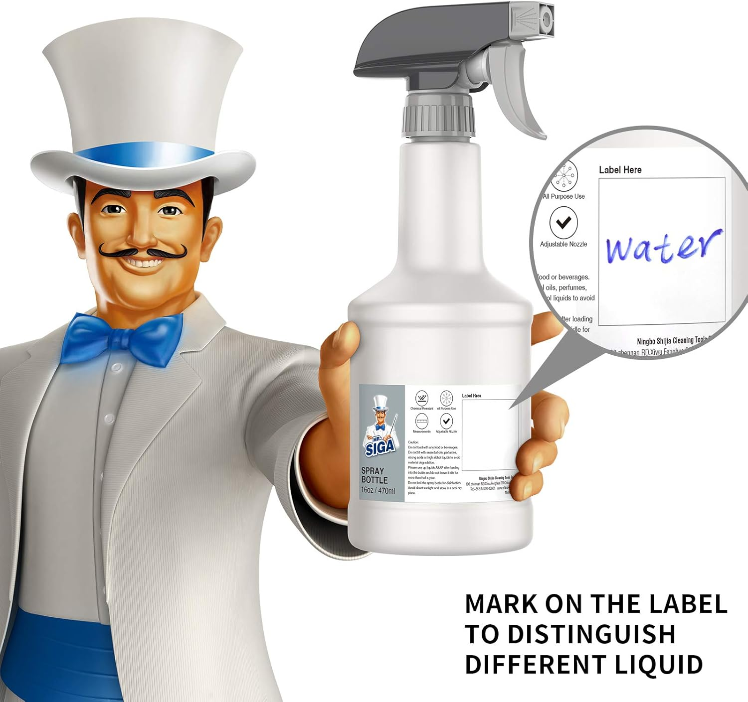 MR.SIGA 16 Oz Empty Plastic Spray Bottles for Cleaning Solutions, Heavy Duty Household Reusable Spray Bottles with Measurements and Adjustable Leak Proof Nozzle, 3 Pack image number 2