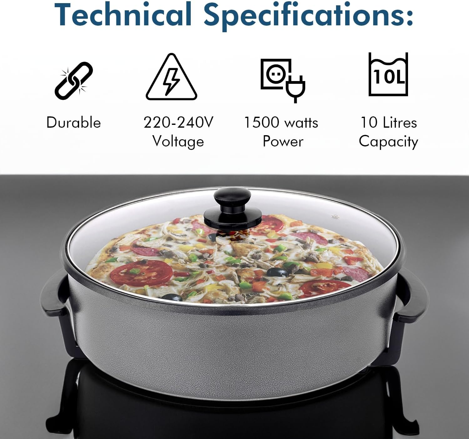 Healthy Choice 38CM Electric Kitchen Skillet with Nonstick Coated Grill Pan & Glass Lid Cover, Indoor Countertop Cooking Pan with Temperature Control & Handle Compact Easy Clean