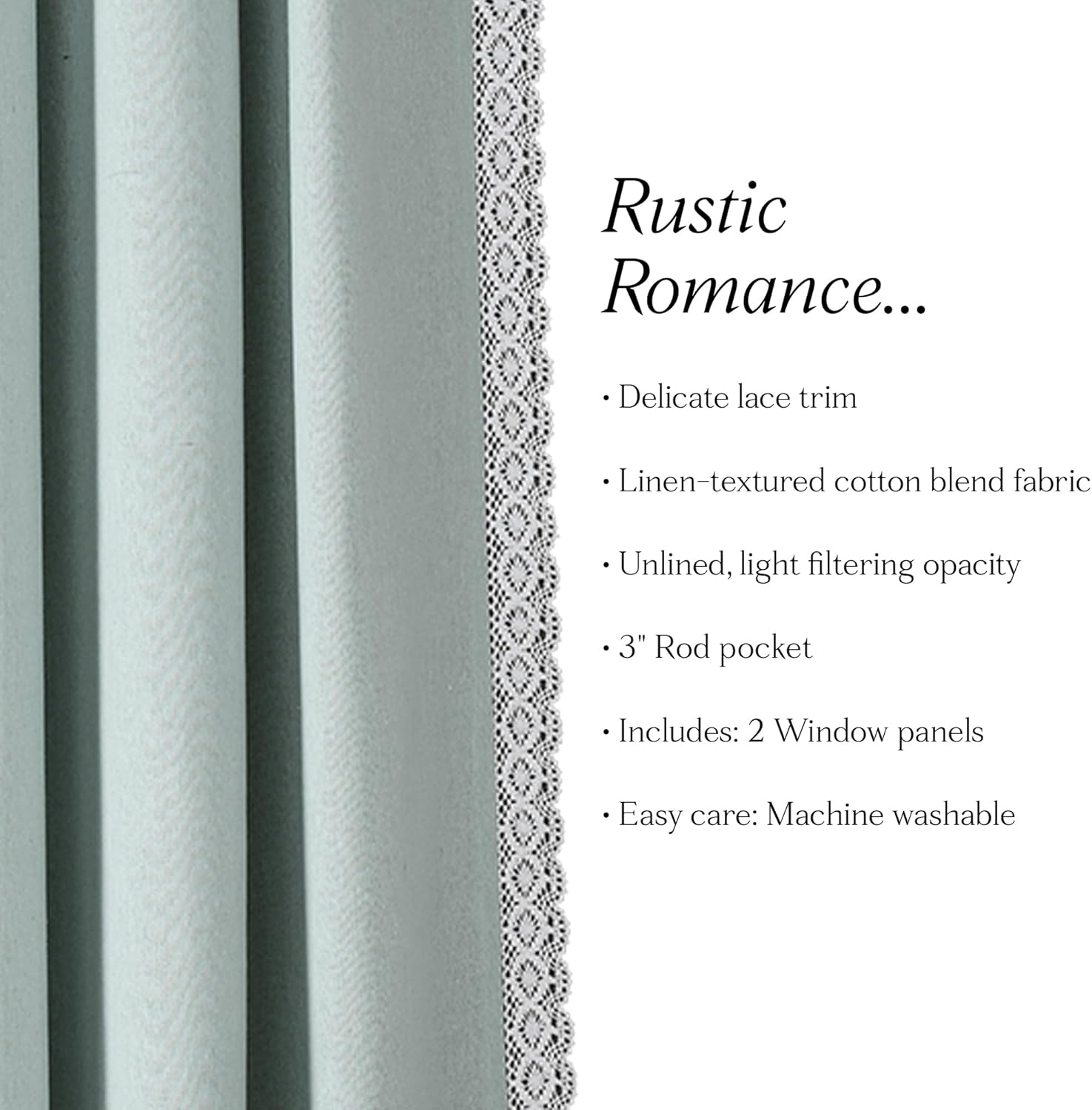 Lush Decor Rosalie Light Filtering Window Curtain Panel Set- Pair- Vintage Farmhouse & French Country Style Curtains - Timeless Dreamy Drape - Romantic Lace Trim - 54" W X 84" L, Blue image number 7