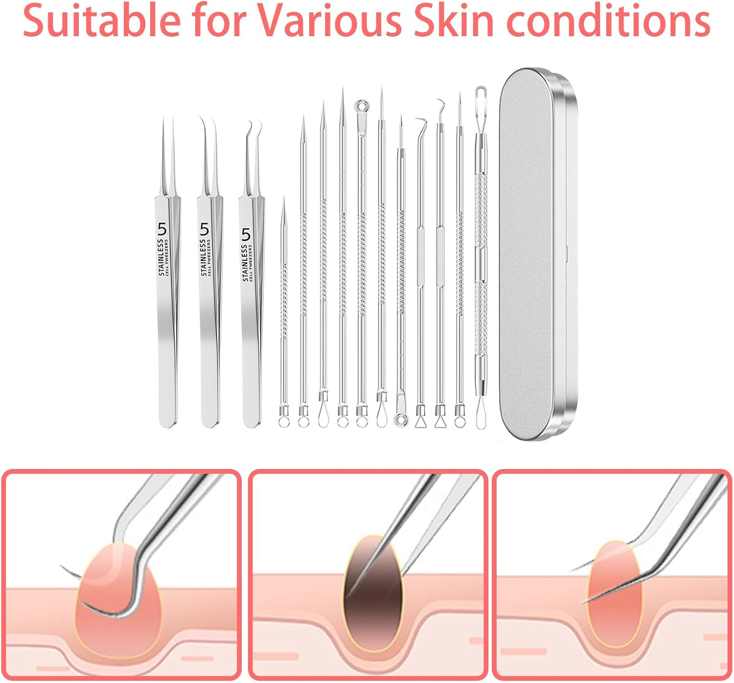 14 Pcs Blackhead Remover Tool, Professional Pimple Popping Kit，Apply to Skin Care Tools for Acne Prone Skin and Deep Pore Cleaning image number 1