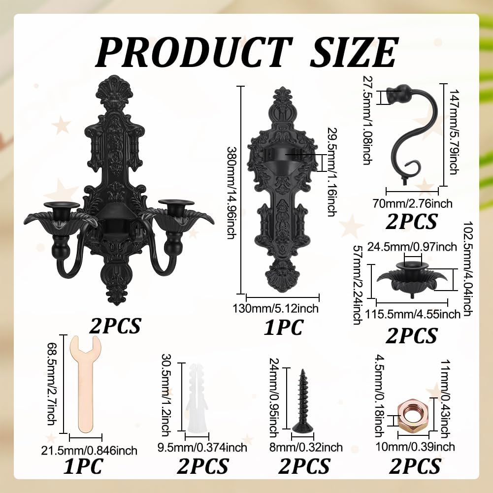 UNICRAFTALE Pack of 2 Wall Candlesticks, Black Wall Sconce, Candle Holder, Vintage Candle Holder, Made of Metal, Gothic Wall Decorations for Living Room, Hallway, Entrance, Bedroom image number 4