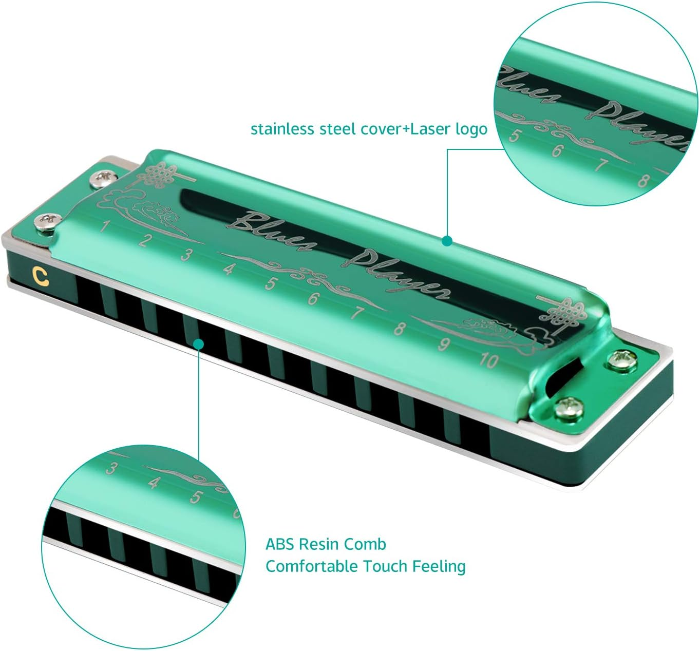 East Top Upgrade Harmonica, C Key 10 Hole Professional Green Diatonic Blues Harmonica for Adults, Professionals, Beginners, Students and Kids, as Best Gift