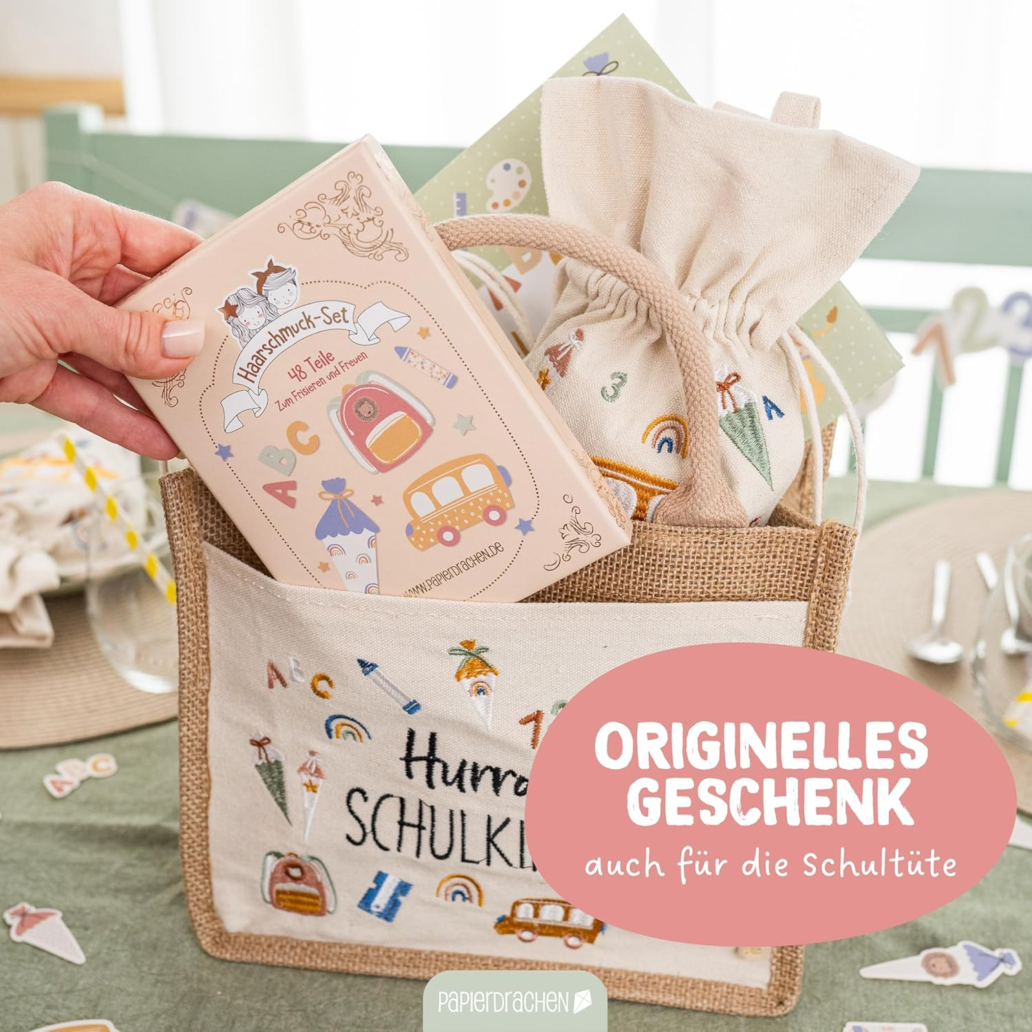 Papierdrachen Hair Accessories Set - Perfect for Starting School - 48 Hair Clips and Hair Bobbles in Many Colours - Children'S Sparrow with Glitter and Fabric Cover - School Pastel - Set of 13 image number 2