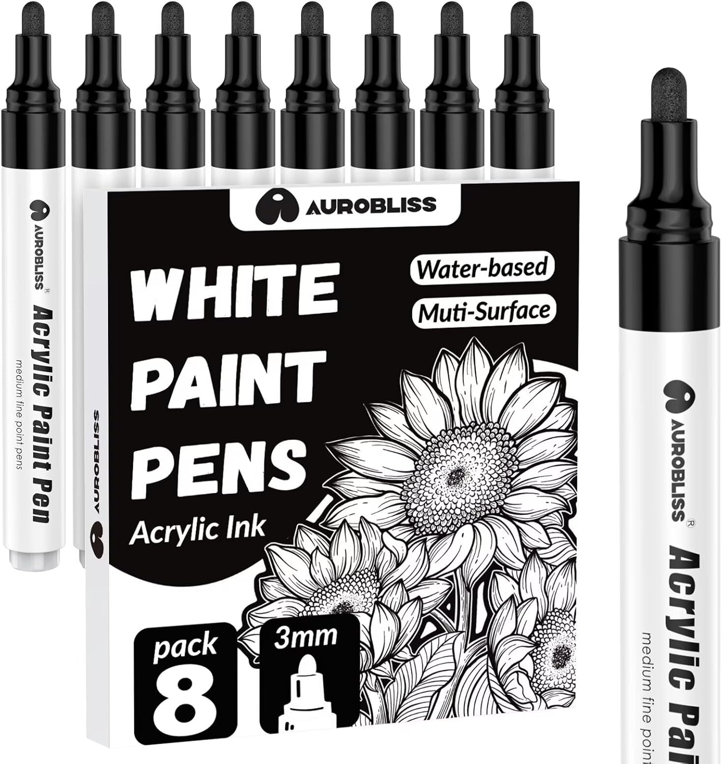 Aurobliss Acrylic Pens Black Pack of 8 Waterproof Pens for Wood, Canvas, Stones, Plastic, Clothing, Fabric - 2-3 Mm Thick Tip, Permanent Black Ink