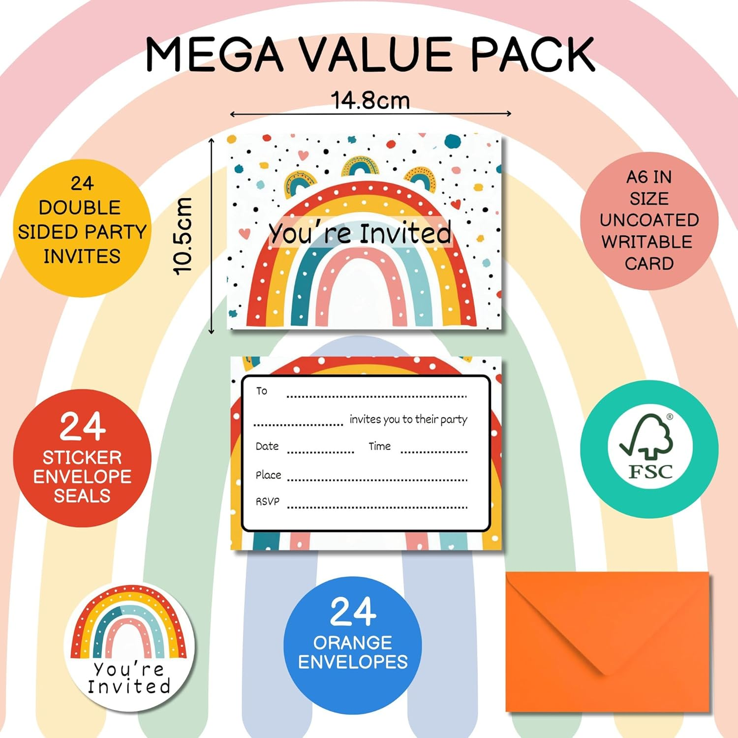 24 Kids Birthday Invitations Fun Rainbow Party Invites for Girls Perfect for 4Th & 5Th Comes with Fun Stickers image number 1