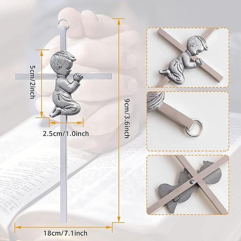 Silver Boy Wall Cross, Blessing Baby Metal Cross, Praying Boy Plaque Wall Decor Cross, Great for Baptism, Perfect for First Holy Communion, Baby Shower, Birthday and Christening (2)