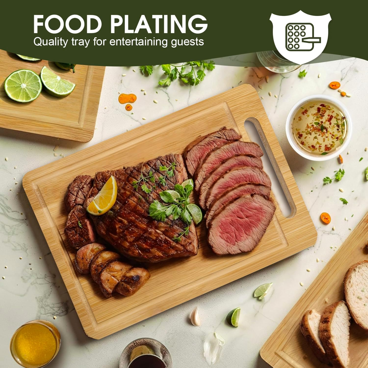 Chamgeco 3-Piece Reversible Bamboo Cutting Boards, Wooden Chopping Boards Set for Meat Vegetables Cheese, Chopping Mats Serving Tray with Juice Grooves & Handles Perfect for Meal Prep, Charcuterie image number 4