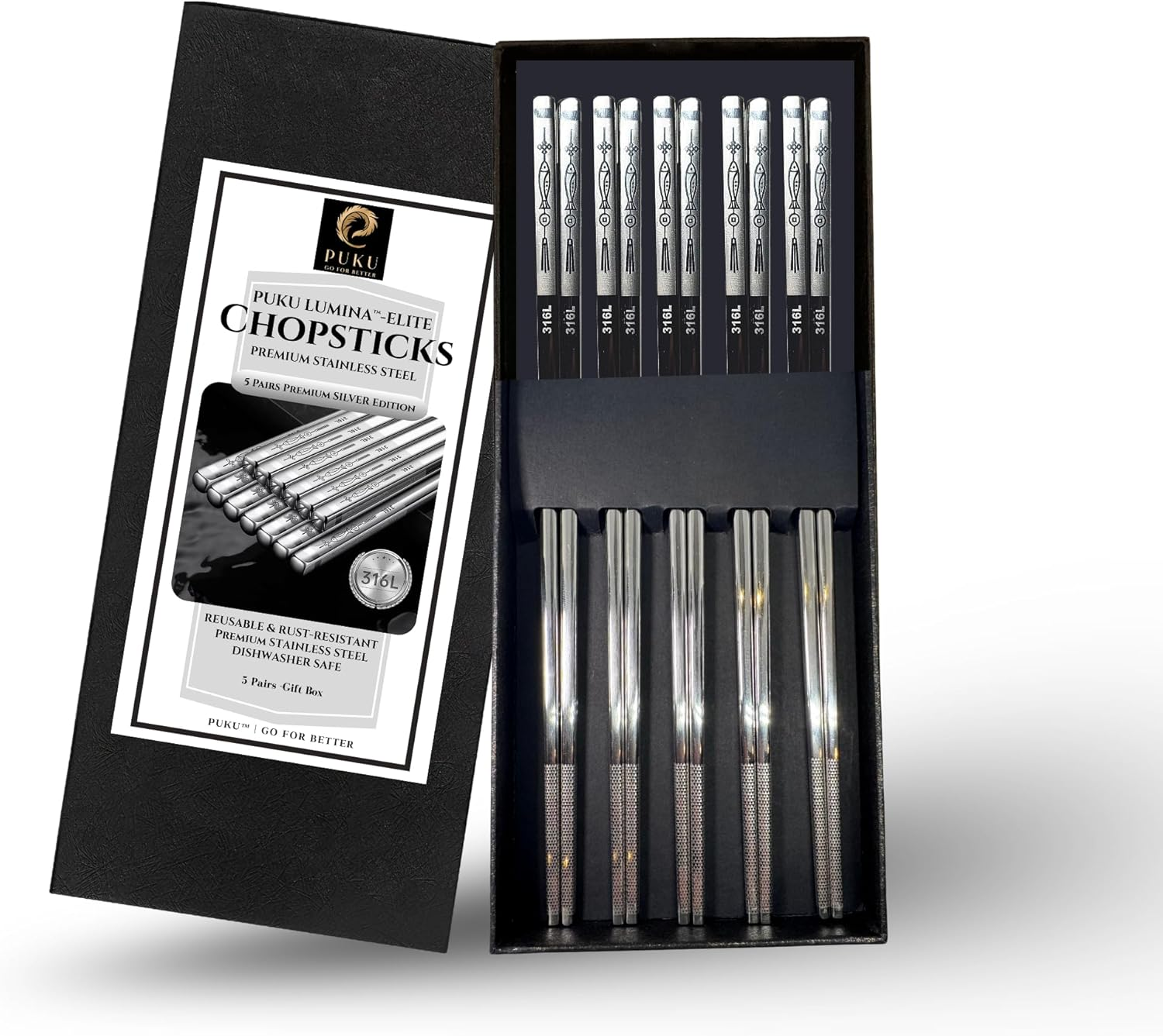 PUKU Lumina&trade;-Elite 18/10 Silver Stainless Steel Chopsticks Set (5 Pairs) &ndash; Reusable 316L Metal Chopsticks, Engraved Non-Slip Tips, Square Anti-Roll Design, Rust-Resistant, Dishwasher Safe, Gift-Boxed