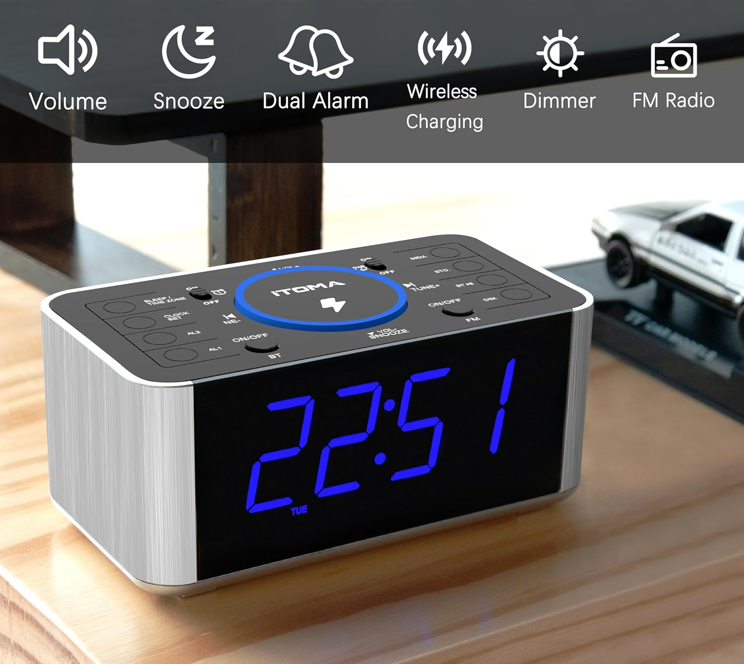 Alarm Clock Radio with 5W Wireless Charging, Snooze,Bluetooth, Dual Alarm, 1.4'' LED Display, Dimmer, USB Charging Clock for Bedside Itoma 206 - Blue Led Display image number 3