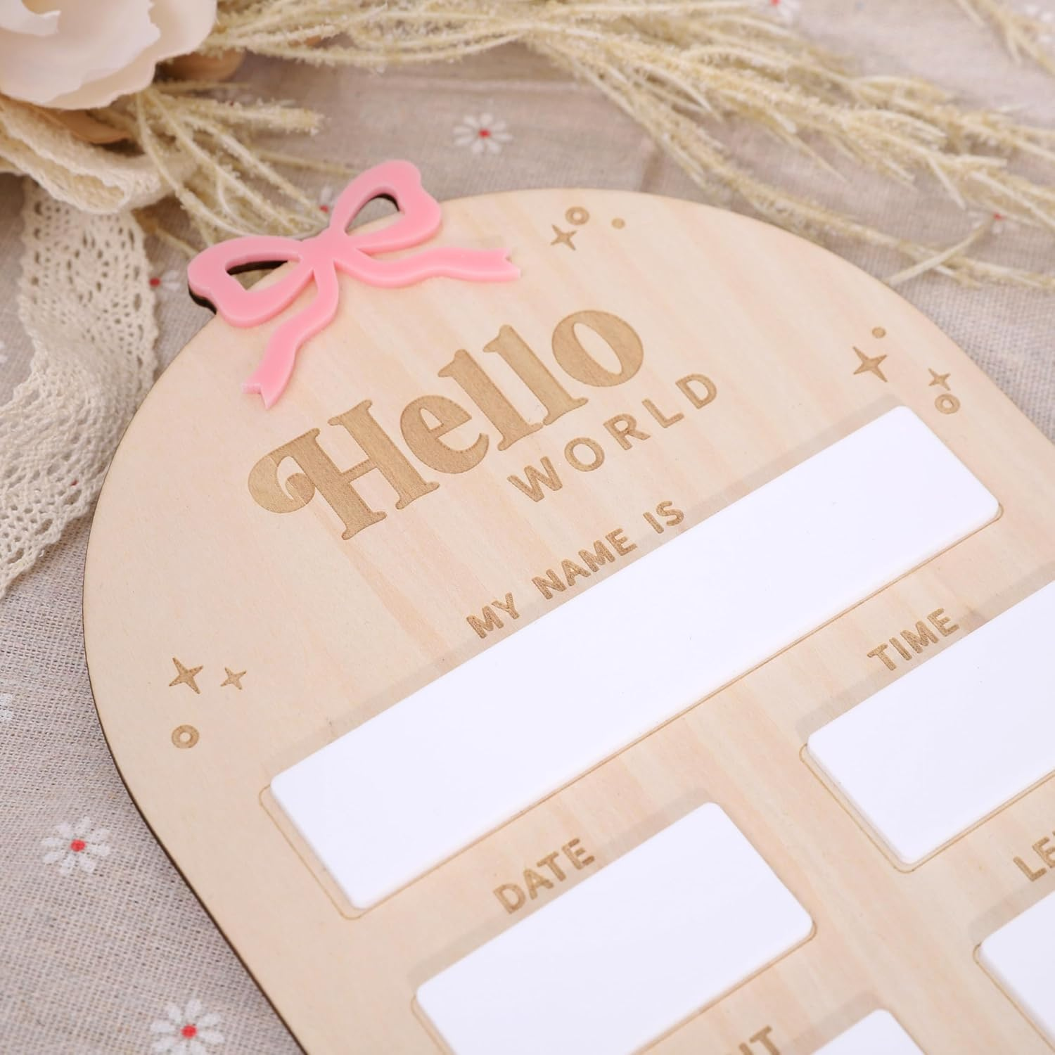 Wooden Bow Baby Birth Announcement Sign for Girls - Pink Bow Hello World Newborn Welcome Board, Wooden and Acrylic Birth Announcement Board, Hospital Birth Stats, Nursery Decorations image number 2