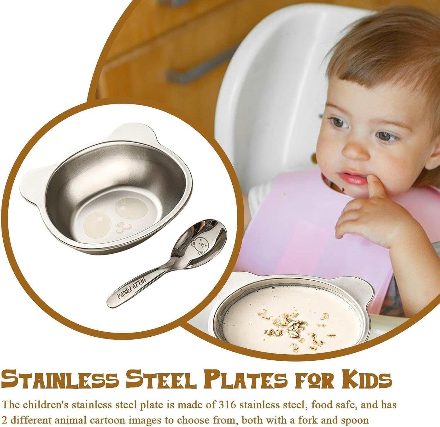 450Ml Stainless Steel Kids Bowls with Cartoon Animal Design,Lightweight, Durable, Ideal for Feeding, Camping and Fun Rice Serving during Travel