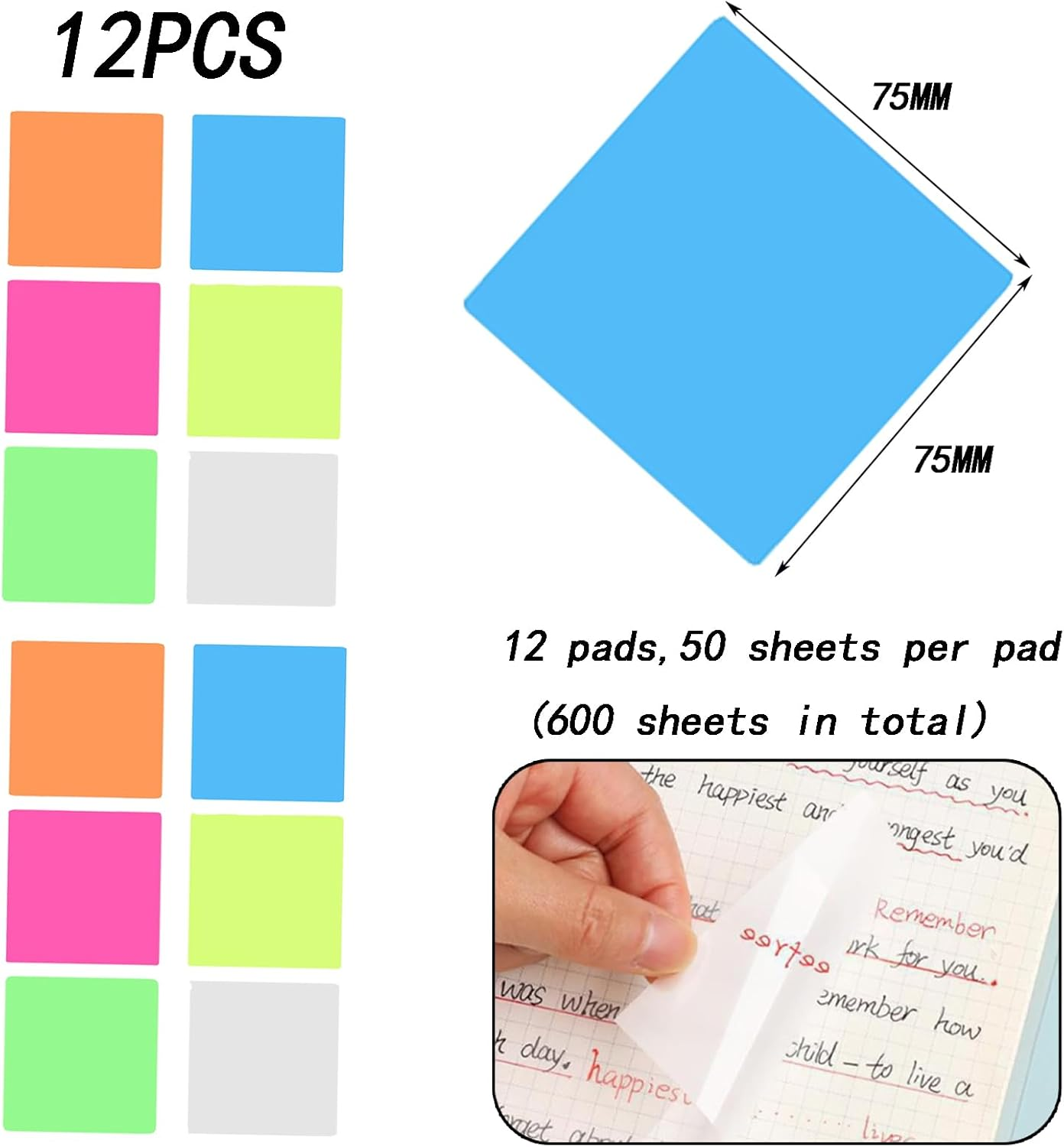12 Pads Colorful Clear Sticky Notes - 75X75Mm Self Adhesive Transparent Notes for Office School Home Use image number 1