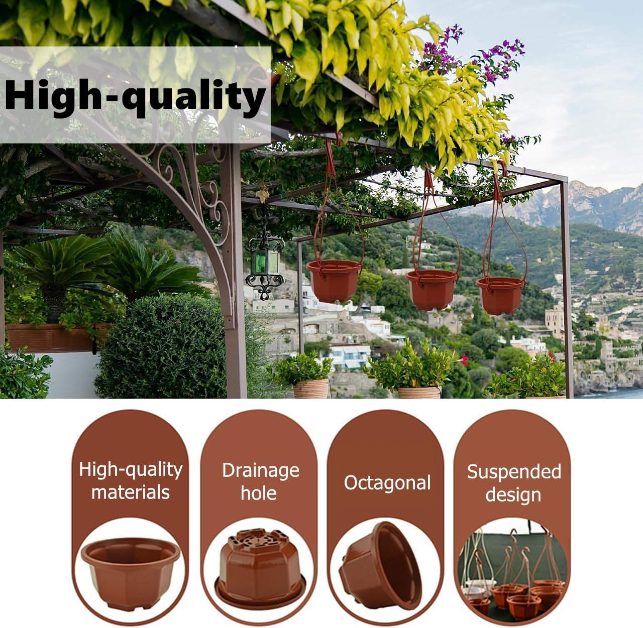 10 Sets of Octagonal Plant Hanging Flower Pots, Plastic Hanging Planters with Drainage Holes and Hooks, for Garden Balcony Decoration (Brown) image number 2
