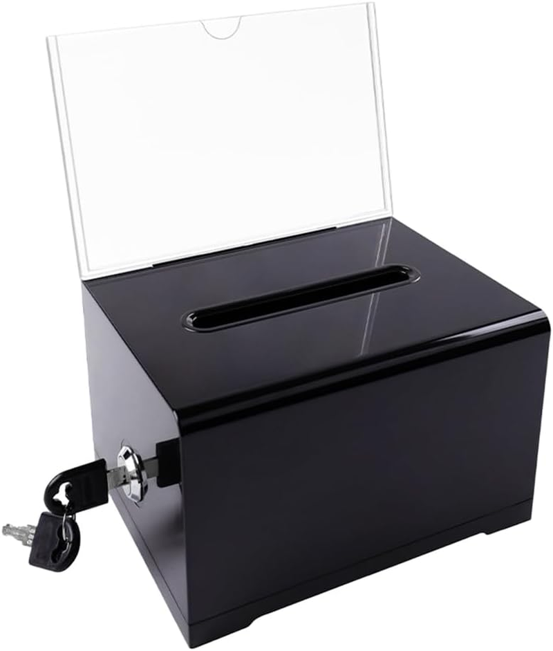 MOTRAIN Clear Acrylic Suggestion Box with Lock and Sign Holder, Donation, Ballot, Voting, and Fundraising Box for Charity, Office, and Events (6.1 X 4.5 X 8 Inches) (Black)