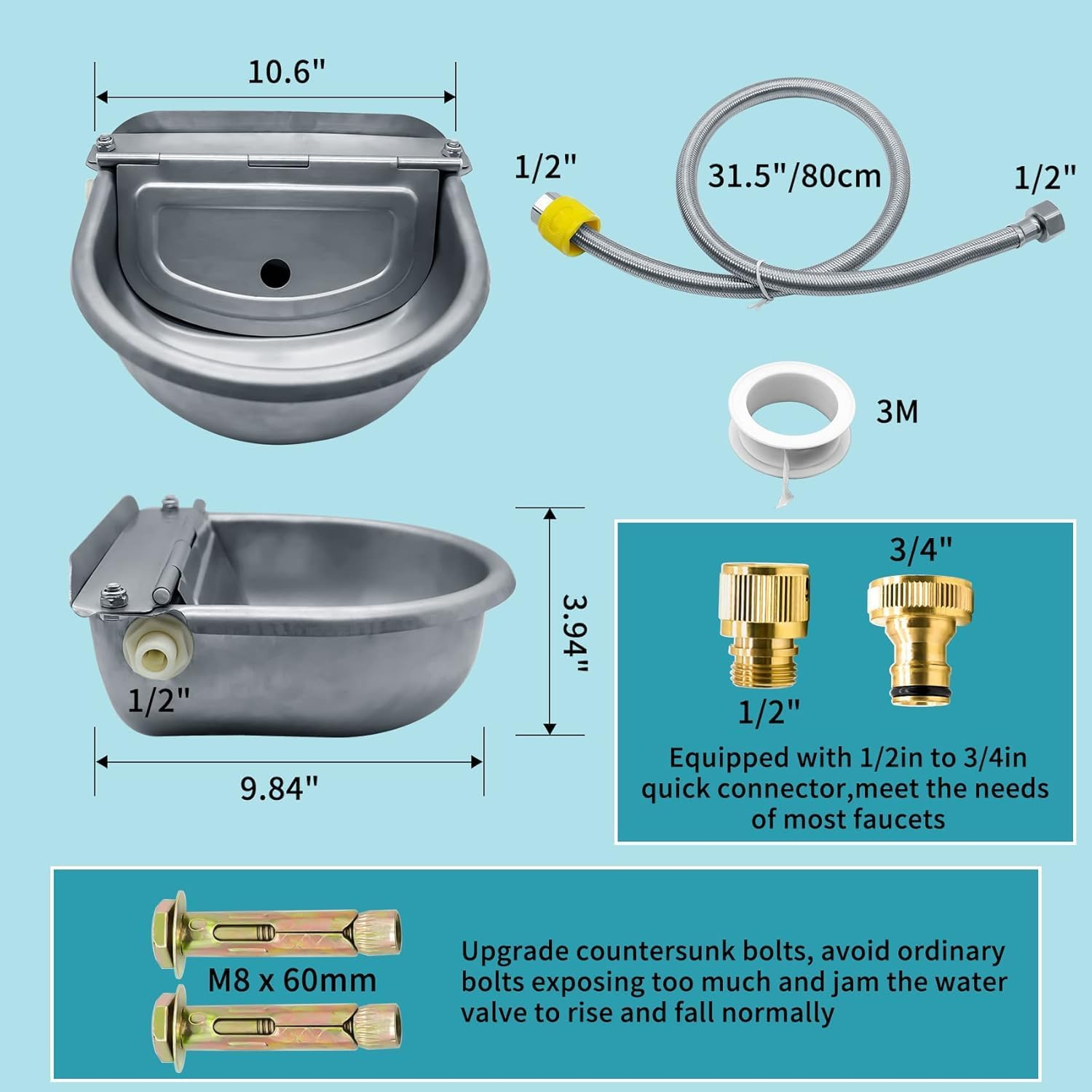 Automatic Animal Drinking Water Bowl, 304 Stainless Steel Waterer for Dog Horse Goat Pig Cow, Livestock Water Trough Dispenser with Pipe Hose, 2 Float Valves, Quick Connecter, Expansion Bolt image number 6