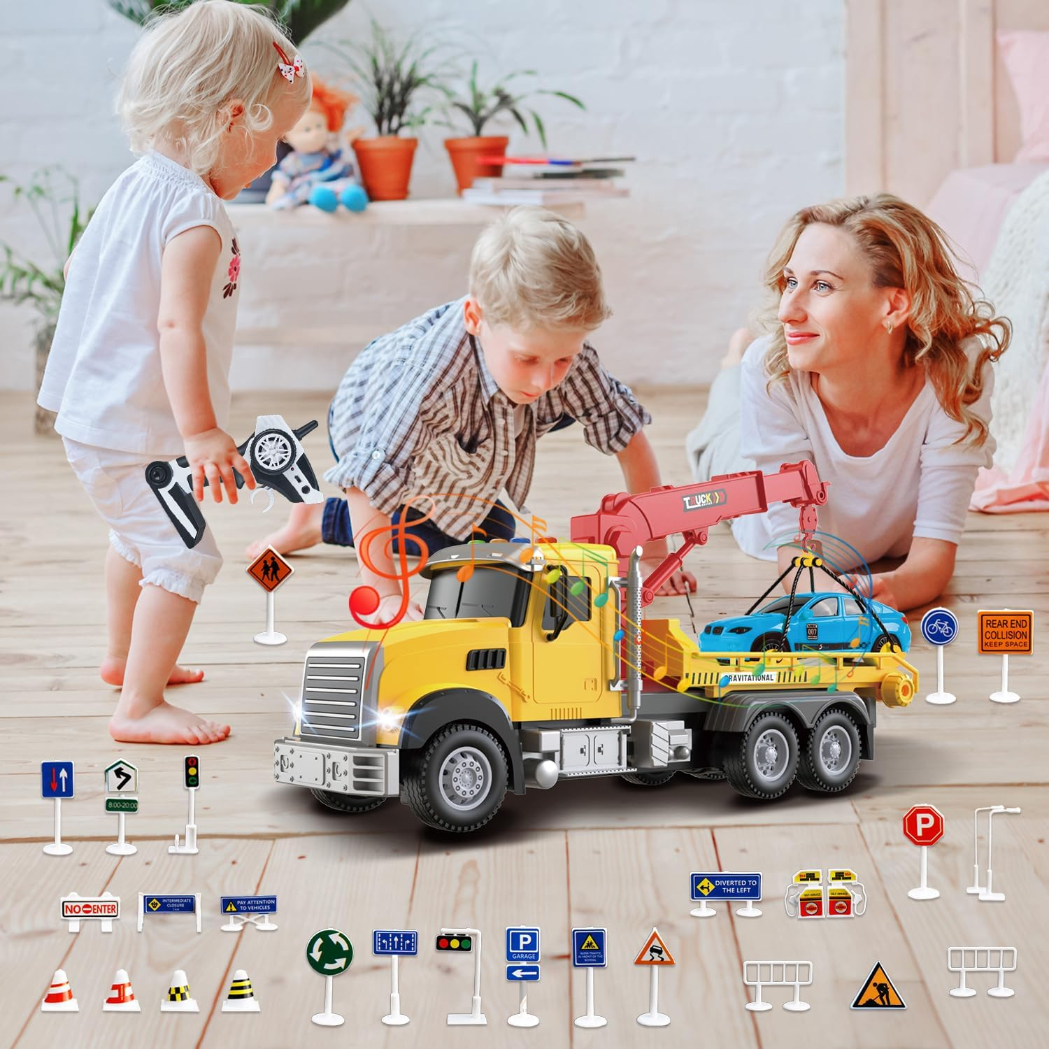 Yiwsnust Remote Control Tow Truck Toy &ndash; 2.4Ghz RC Tow Truck with Racing Car, 4 Channel Transport Crane Truck with Lights, Sounds, 28PCS Traffic Signs, 2 Batteries, RC Truck Kids Toys for 6 7 8 Boys image number 5