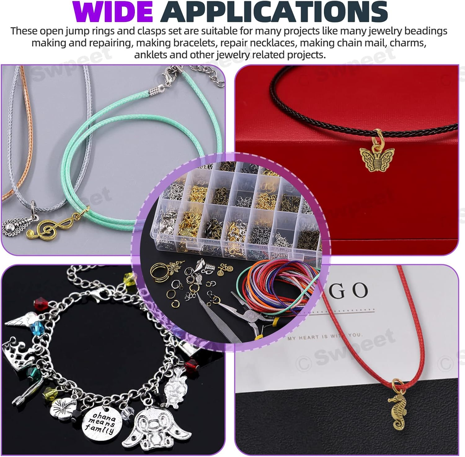Swpeet 2724Pcs 4Mm 5Mm 6Mm 8Mm 10Mm Open Jump Rings and Lobster Clasps with Jewelry Repair Tools Assortment Kit, Including Waxed Necklace Cords, 12Mm Lobster Clasps, Tibetan Silver Pendant image number 2