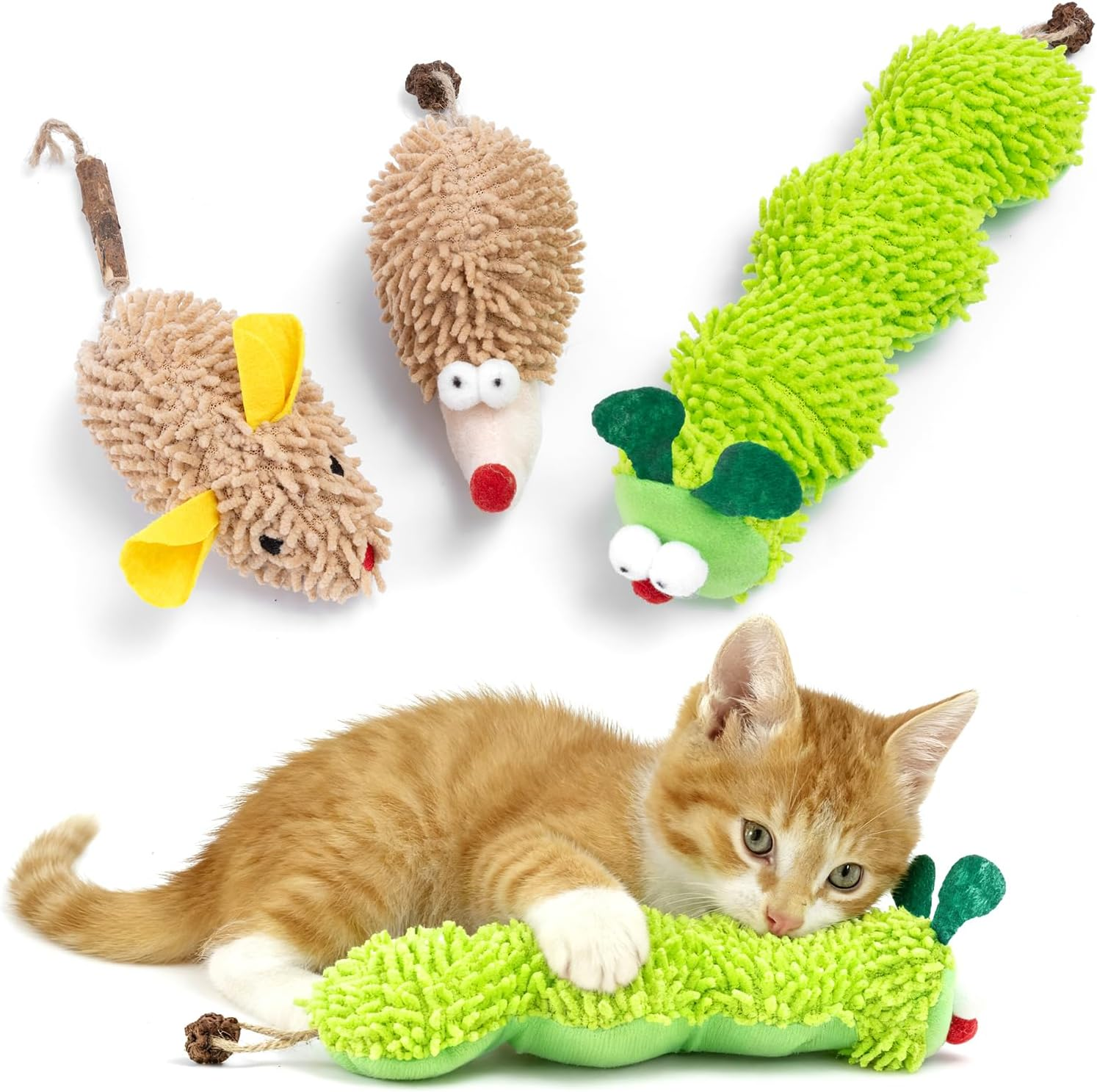Interactive Plush Cat Toys Catnip Toys for Indoor Adult Kittens Cat Chew Toy for Teeth Cleaning Bite-Resistant Plush Caterpillar,Mouse,Hedgehog Design, Dental Health Benefits (3 PCS) image number 2
