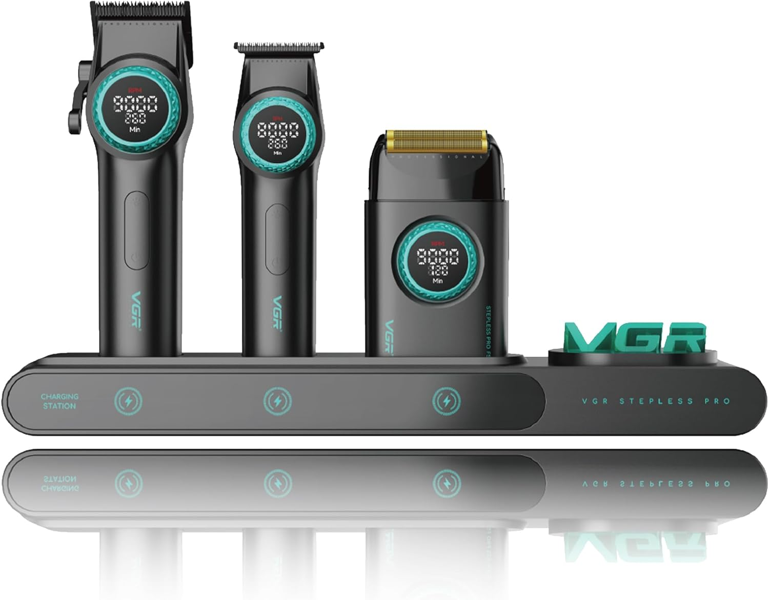 VGR 3-In-1 Professional Hair Trimmer Set with Men'S Hair Trimmer, Trimmer and Razor, Equipped with Improved Motor, Integrated Charging Station, LED Display and Storage Box, Black