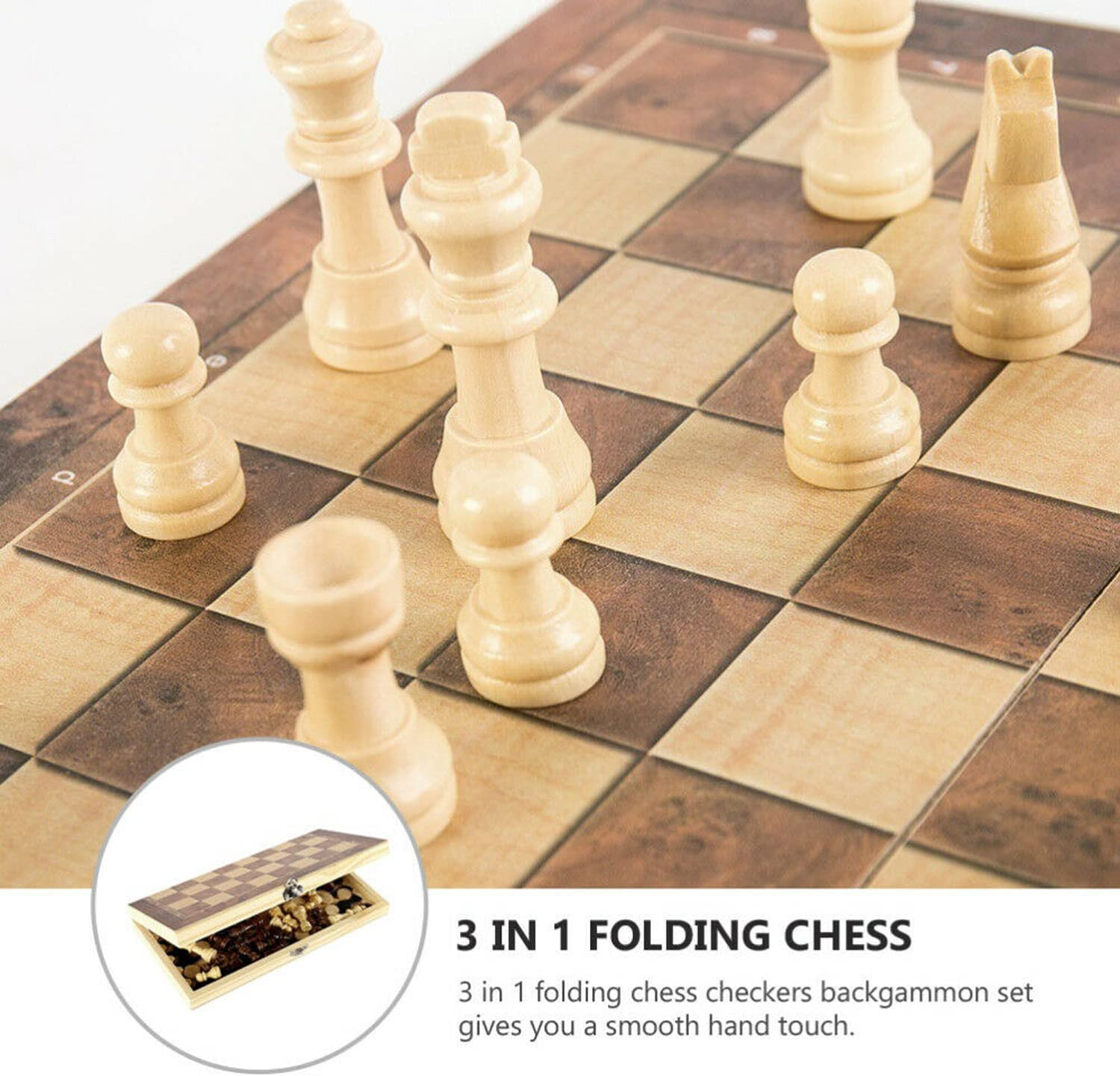 Yotsuba Wooden Chess Set, 40Cm Large Folding Chessboard Pieces Wood with Chessmen Storage Slots Unique Crafted Handmade, 3 in 1 Chess Board Game for Adults and Kids (Chess,Backgammon,Checkers) image number 1