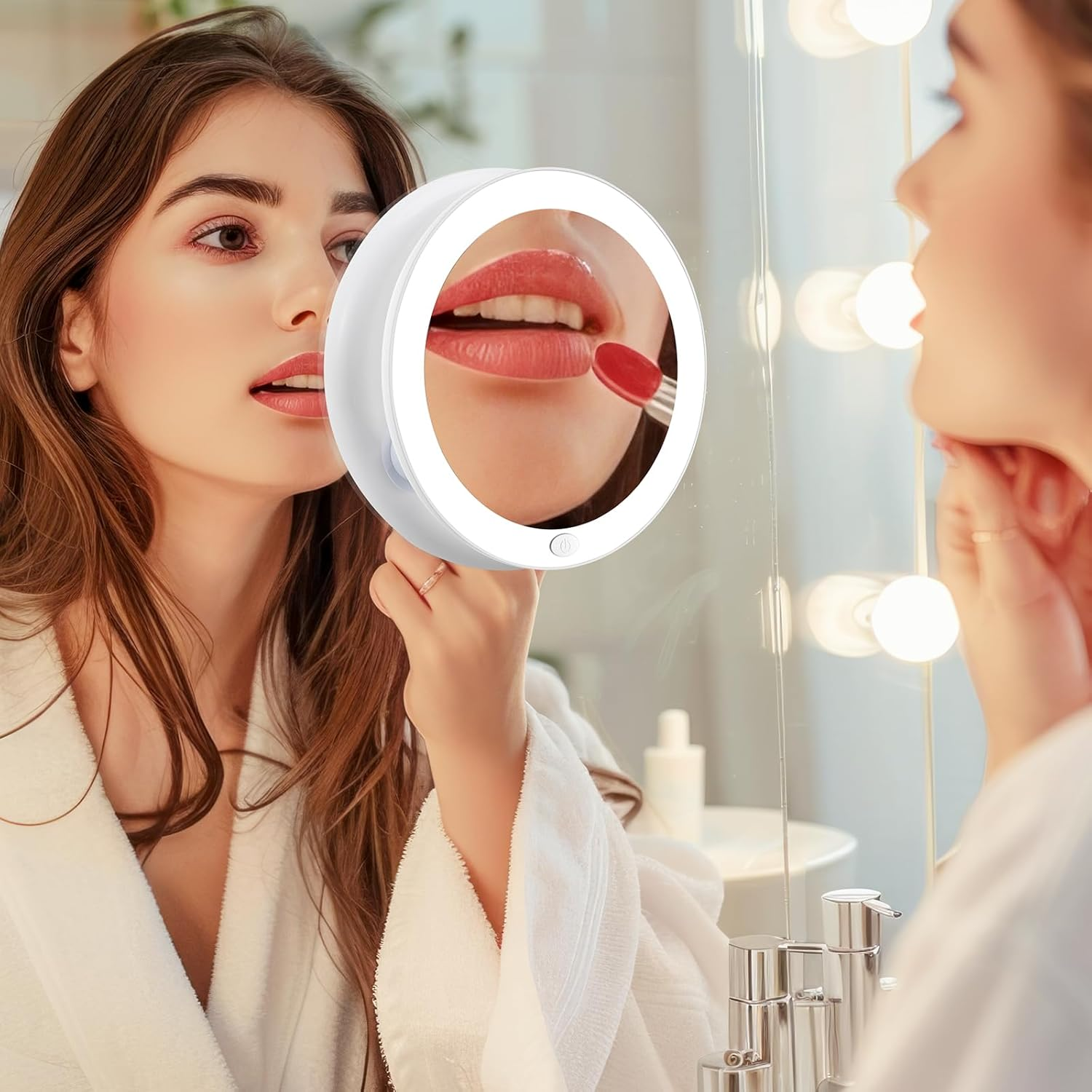 EMKE Led Magnifying Mirror, Compact Mirror with Lights 5X Magnifying Mirror with Suction Cup, Shower Cosmetic Mirror Portable Makeup Mirrors for Travel, Makeup, Shaving, Eyebrows, 167X167Mm