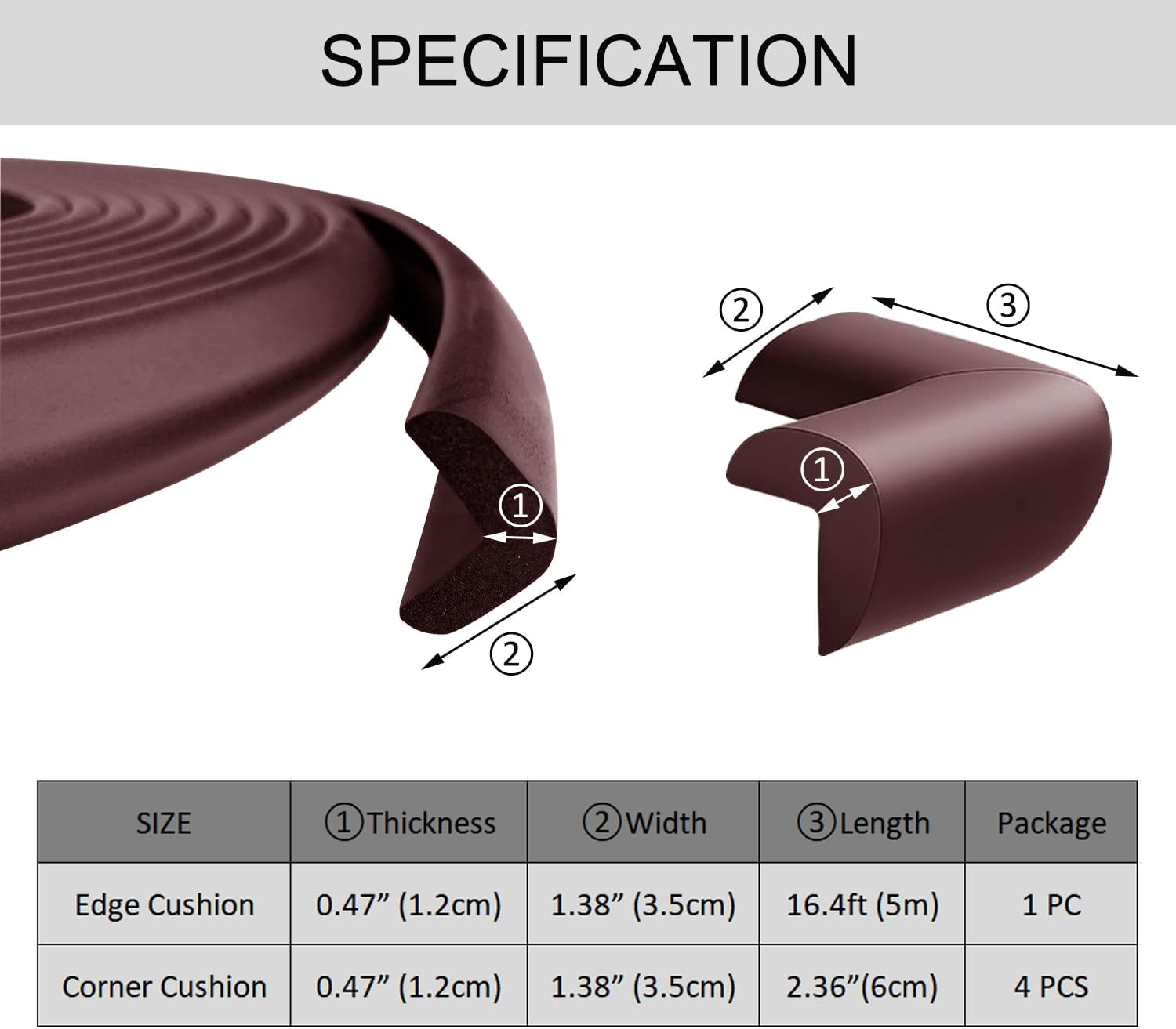 Aedlcal Edge Corner Protector, Baby Proofing Furniture Edge Protector Strip with 4 Corner Guards, Soft Rubber Foam Cushion, Brown, 16.4Ft/5M image number 5