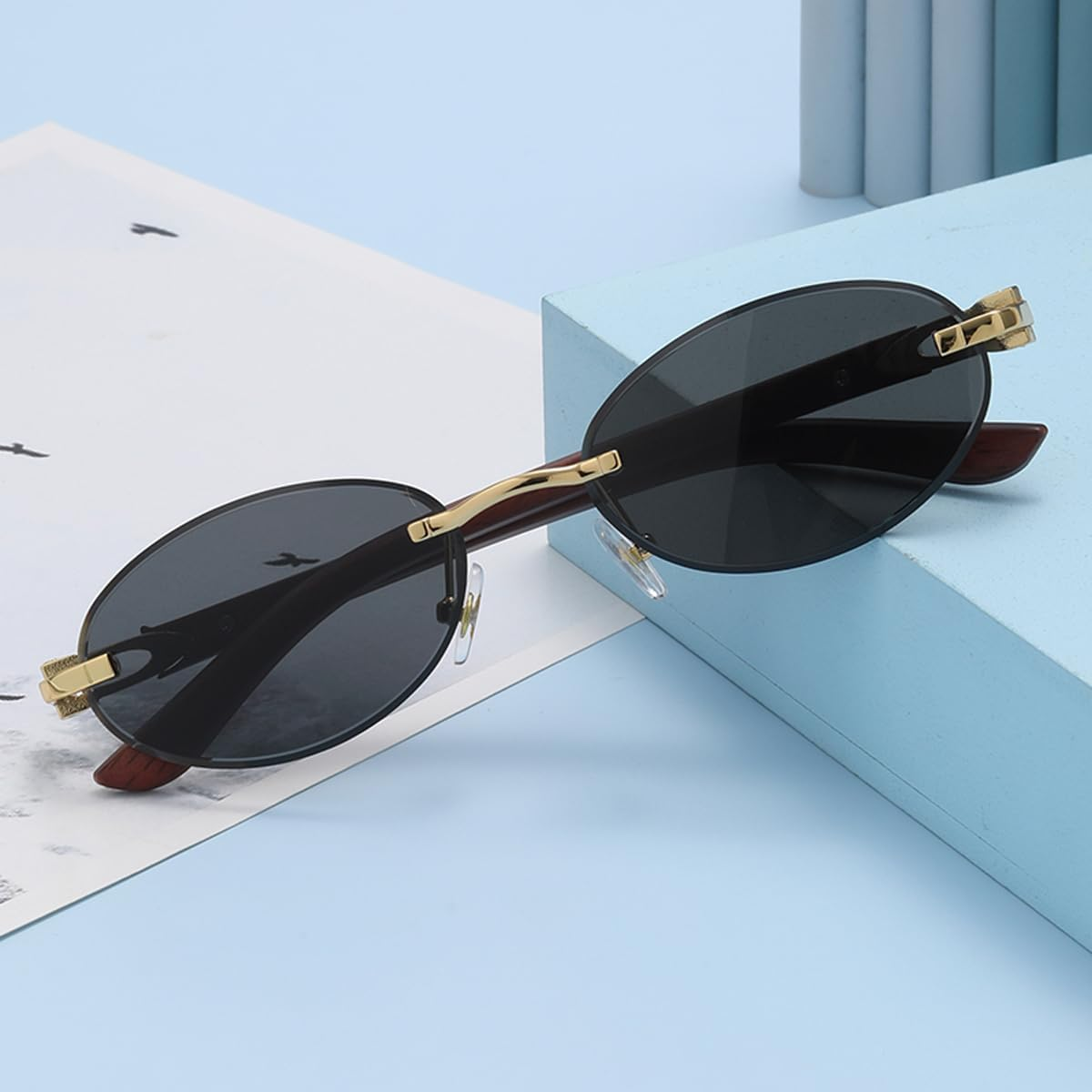 LIGOES Oval Sunglasses for Men Women Rimless Sunglasses Metal Glasses Fashion round Glasses - Gold With Blue image number 5