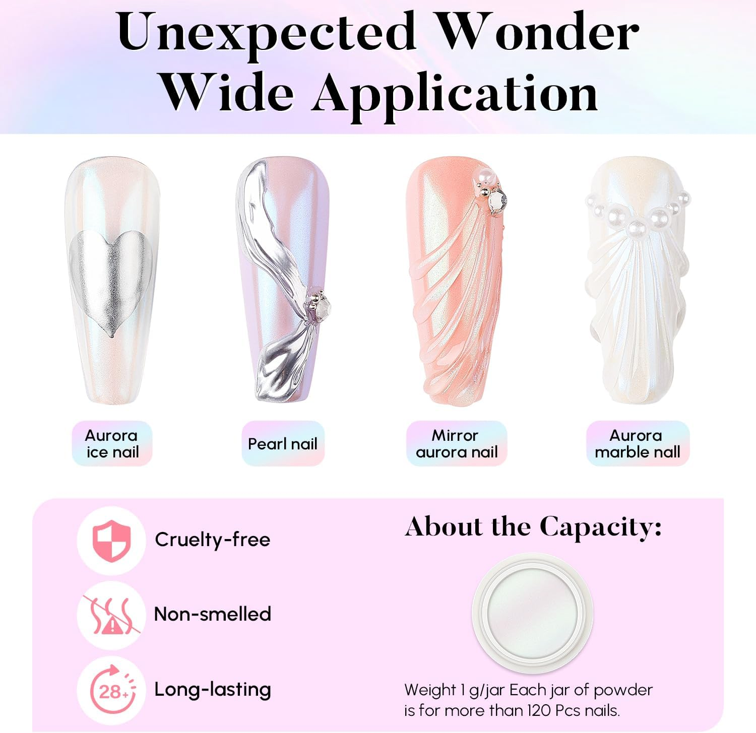 AIMEILI Pearl Chrome Nail Powder, Vegan, Cruelty Free, 12 Colors Aurora Metallic Holographic Mirror Effect Nail Art Pigment Iridescent Shell Glitter Nail Art image number 4