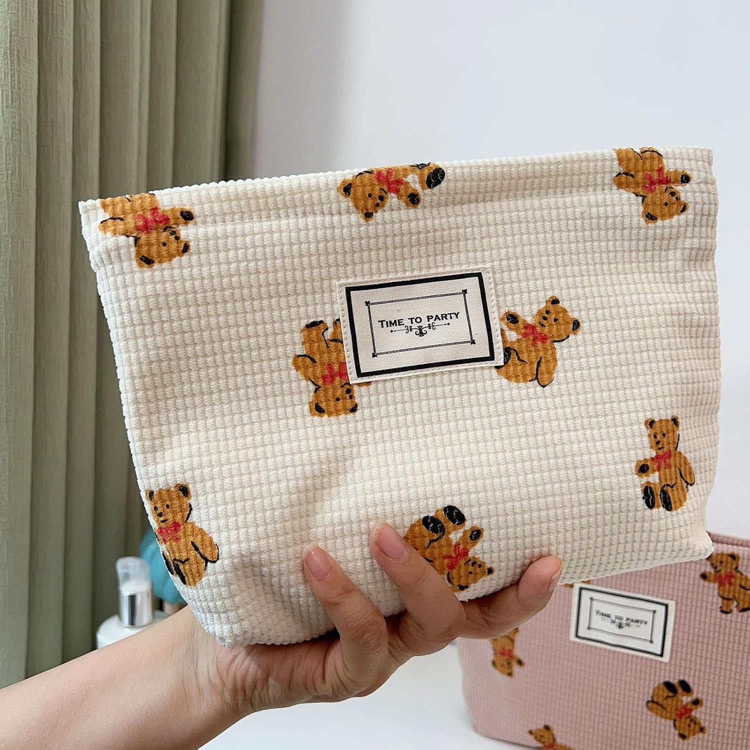 Gidary Cosmetic Bag Makeup Bag Preppy Cute Teddy Bear Corduroy Toiletry Bag for Women Travel Essentials (White-2)