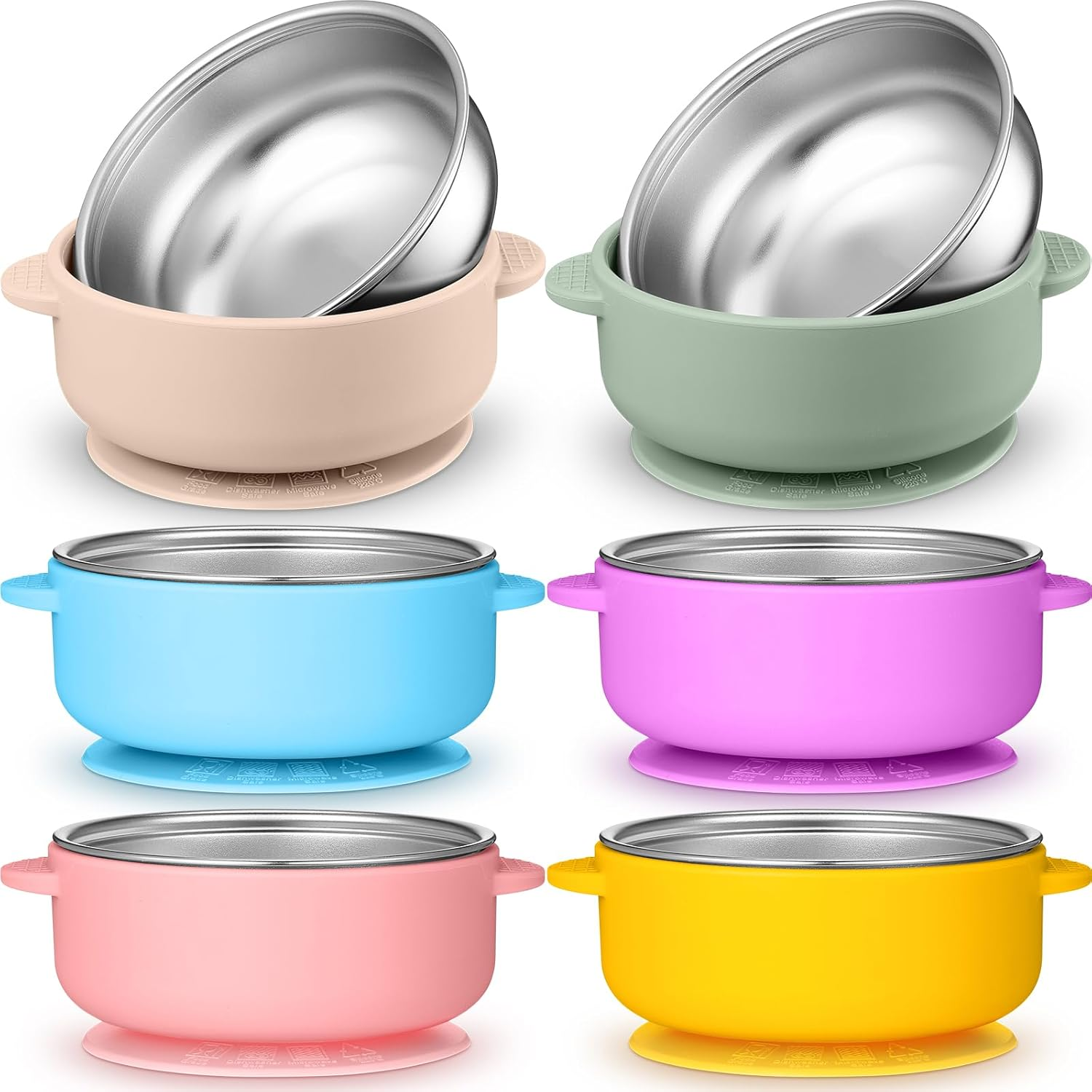 Nuogo 6 Pcs Stainless Steel Baby Bowls with Removable Silicone Shell 304 Toddler Bowls Kids anti Scald Snack Container for Food Feeding, Dishwasher Safe(Vivid Color,Suction-A) image number 5