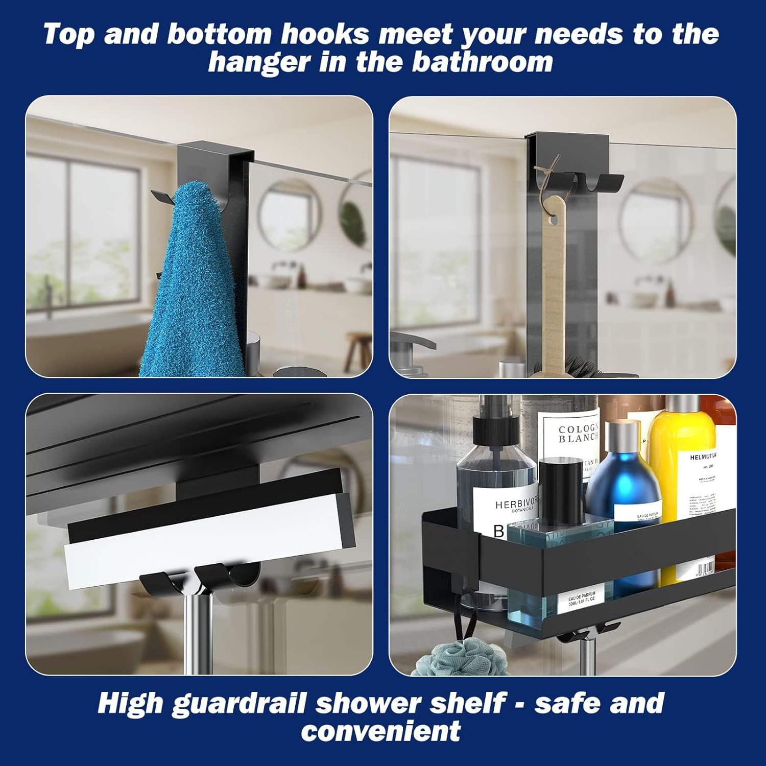 HOTOIQ Shower Caddy Hanging, Stainless Steel Shower Caddy without Drilling, Rustproof Hanging Shower Basket Holder with 2 Hooks and 4 Suction Cups for Frameless Glass Door(Black)