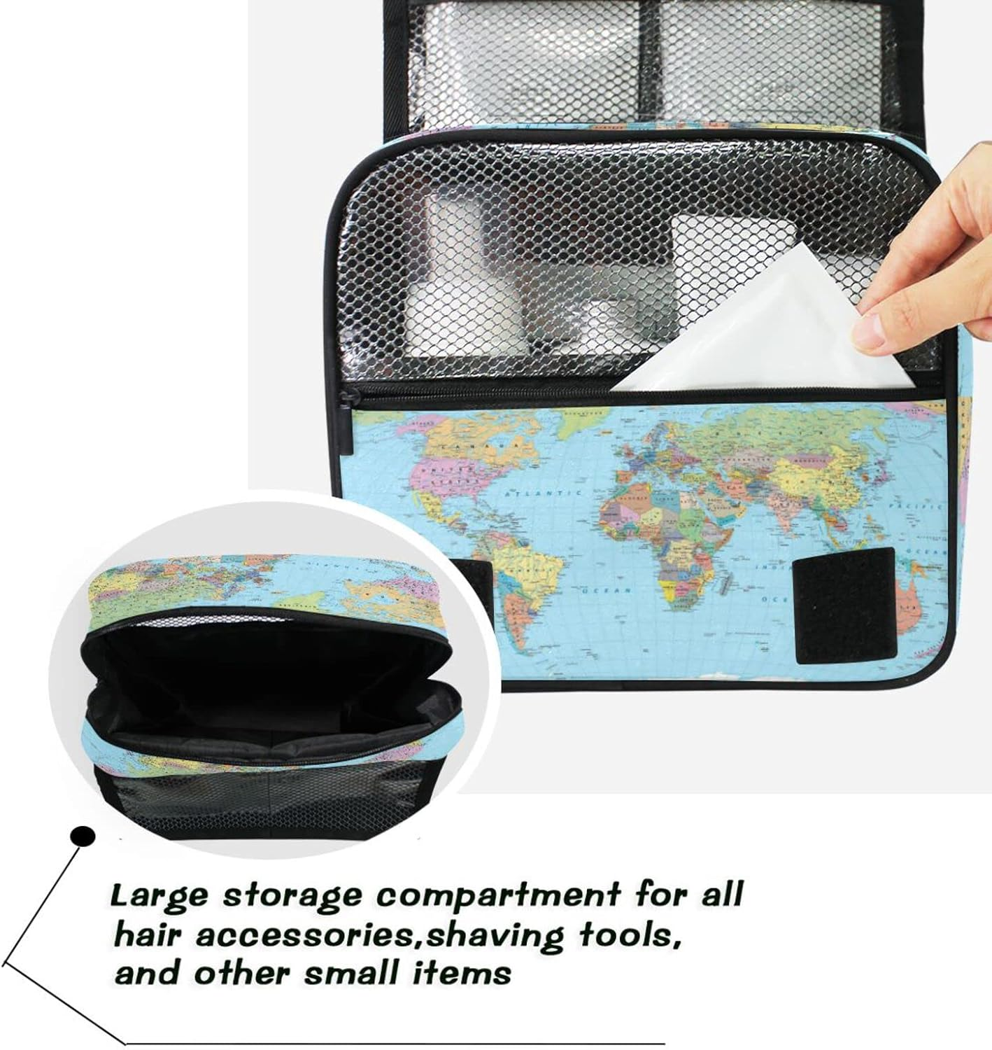 Blue World Map Hanging Toiletry Bag for Women Men, Portable Makeup Bag Organizer Cosmetic Bag for Purse Pouch Waterproof Travel Essentials Large Wash Bag for Kids Girls, Multicolor, One Size image number 6